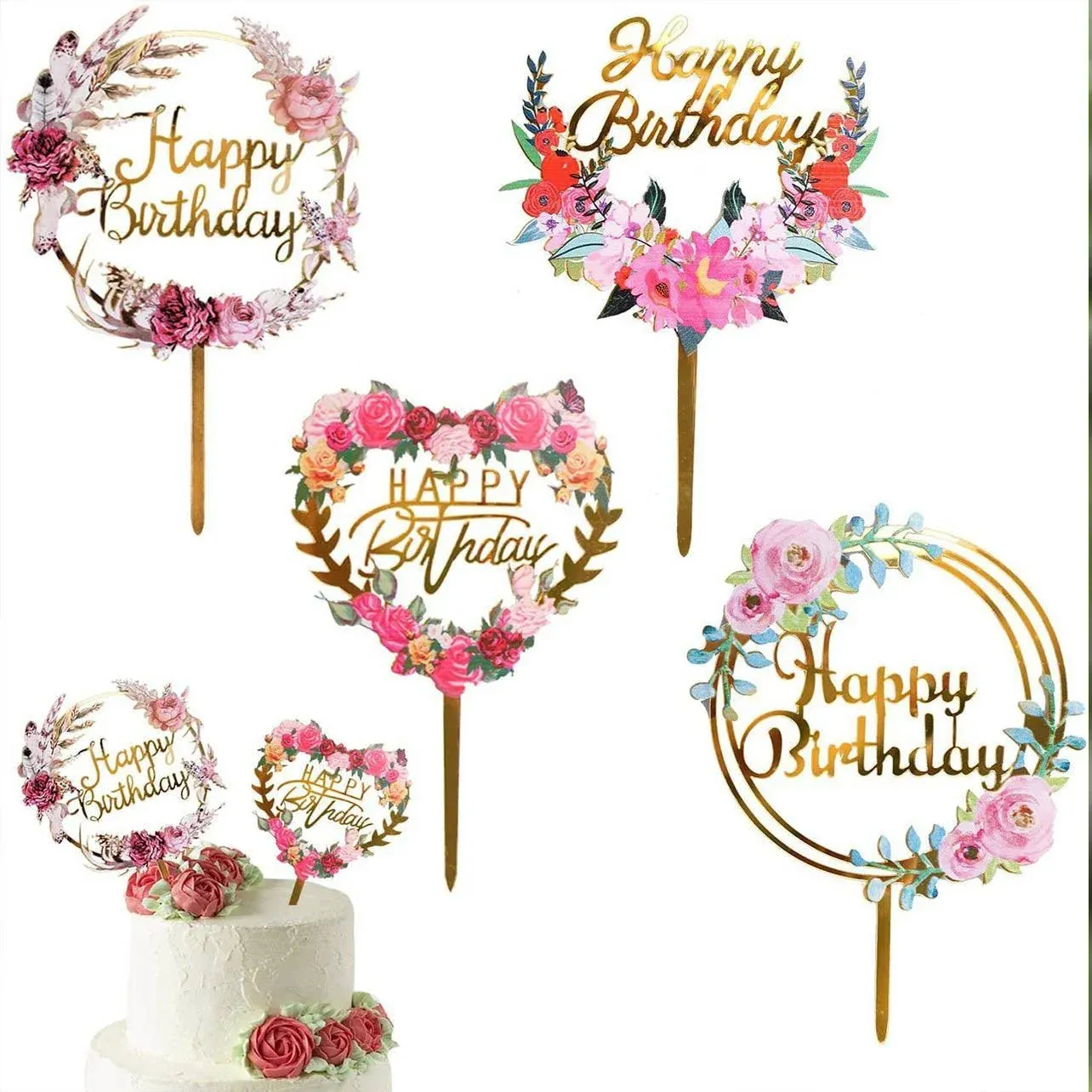 Happy Birthday Anniversary Wedding Cake Flowers Topper Acrylic Party Decorations - NO.12 โ image 4