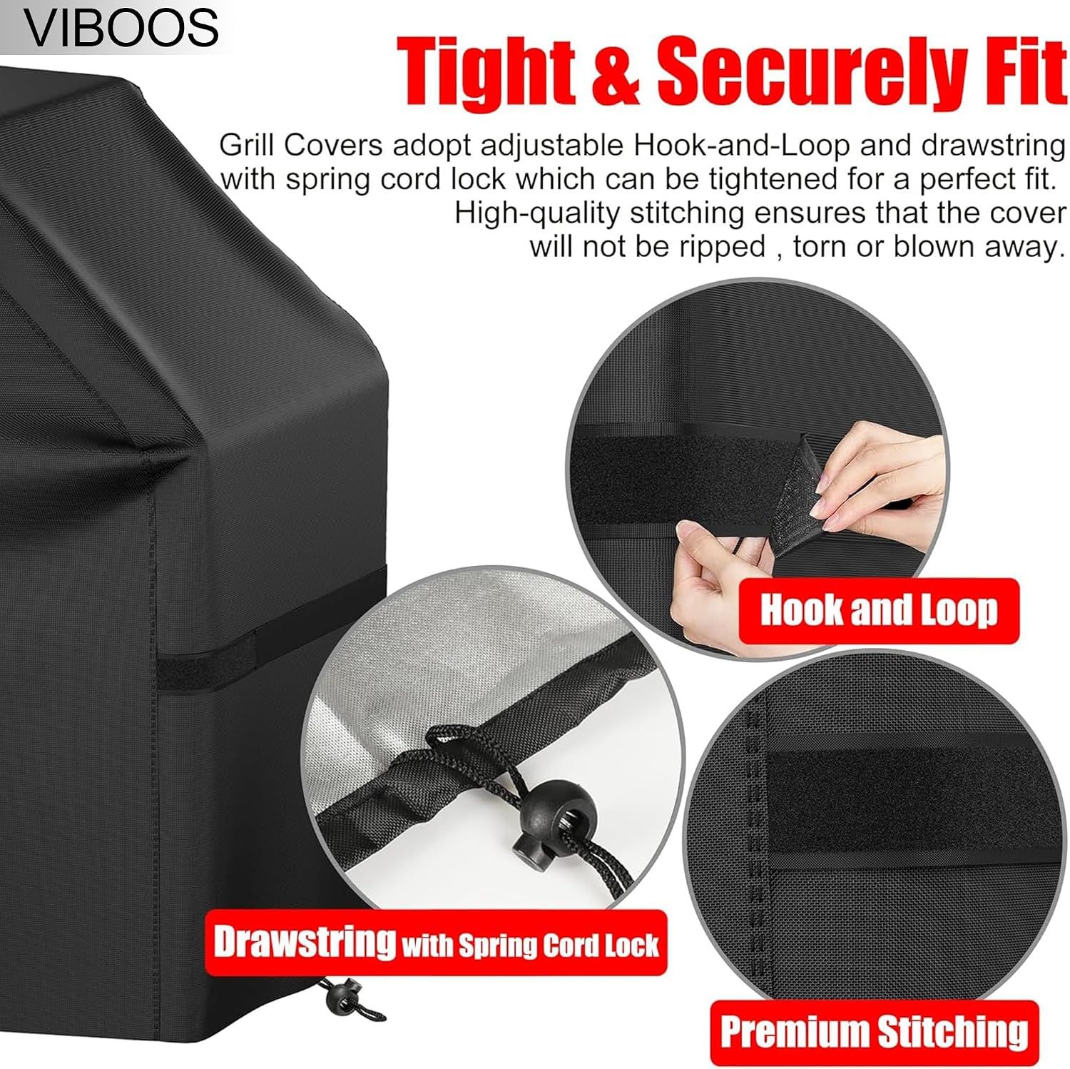 Waterproof BBQ Grill Cover for Outdoor Gas Grills, Rip-Resistant UV-Resistant Barbecue Cover with Adjustable Hem and Straps, Black, 147 cm — image 4