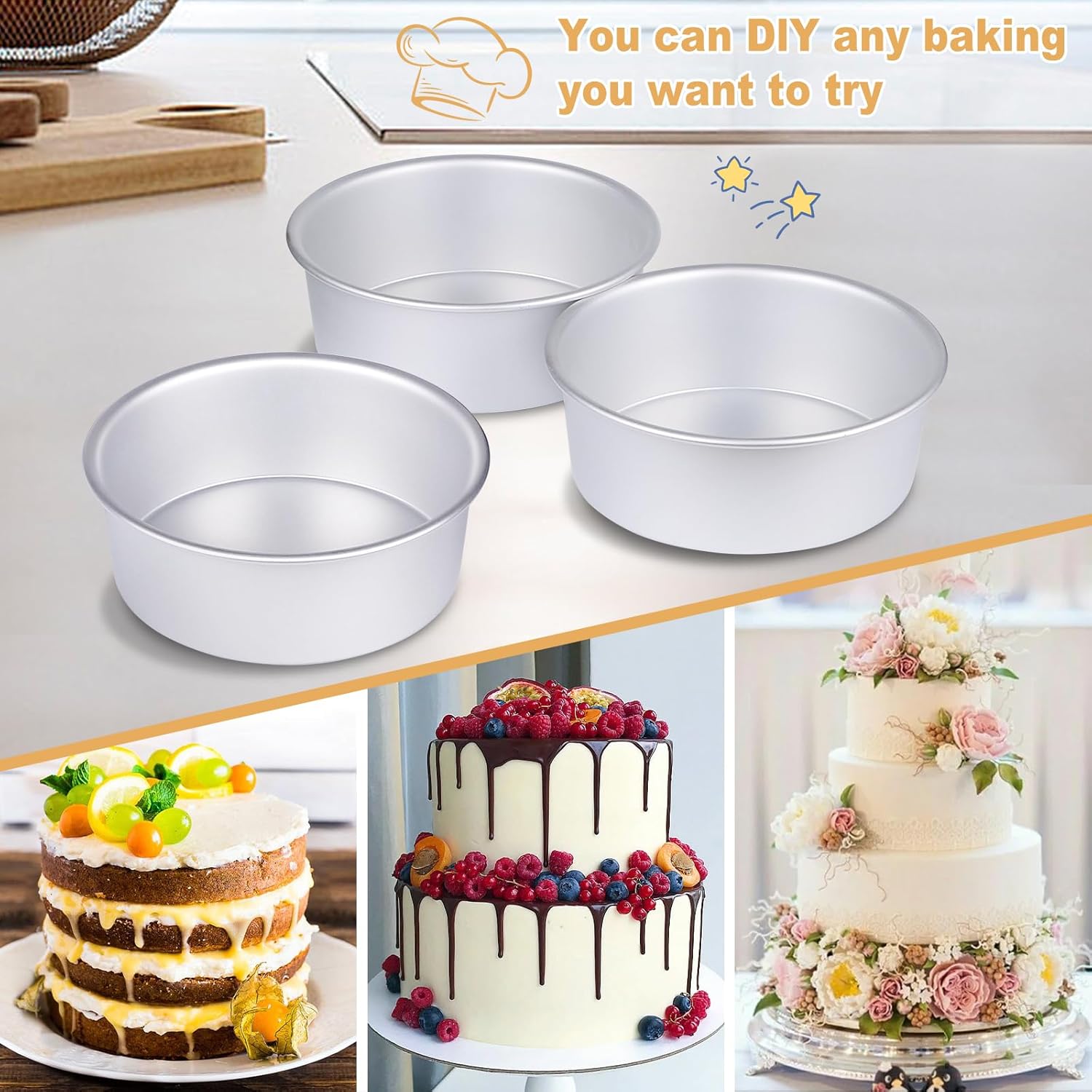 Round Cake Pan Set of 3 (6 x 3 inch/8 x 3 inch/10 x 3 inch), Aluminum Baking Pans for Layer Cakes, Heavy Duty Non-Stick, Evenly Baking Tools for Home Kitchen — image 4