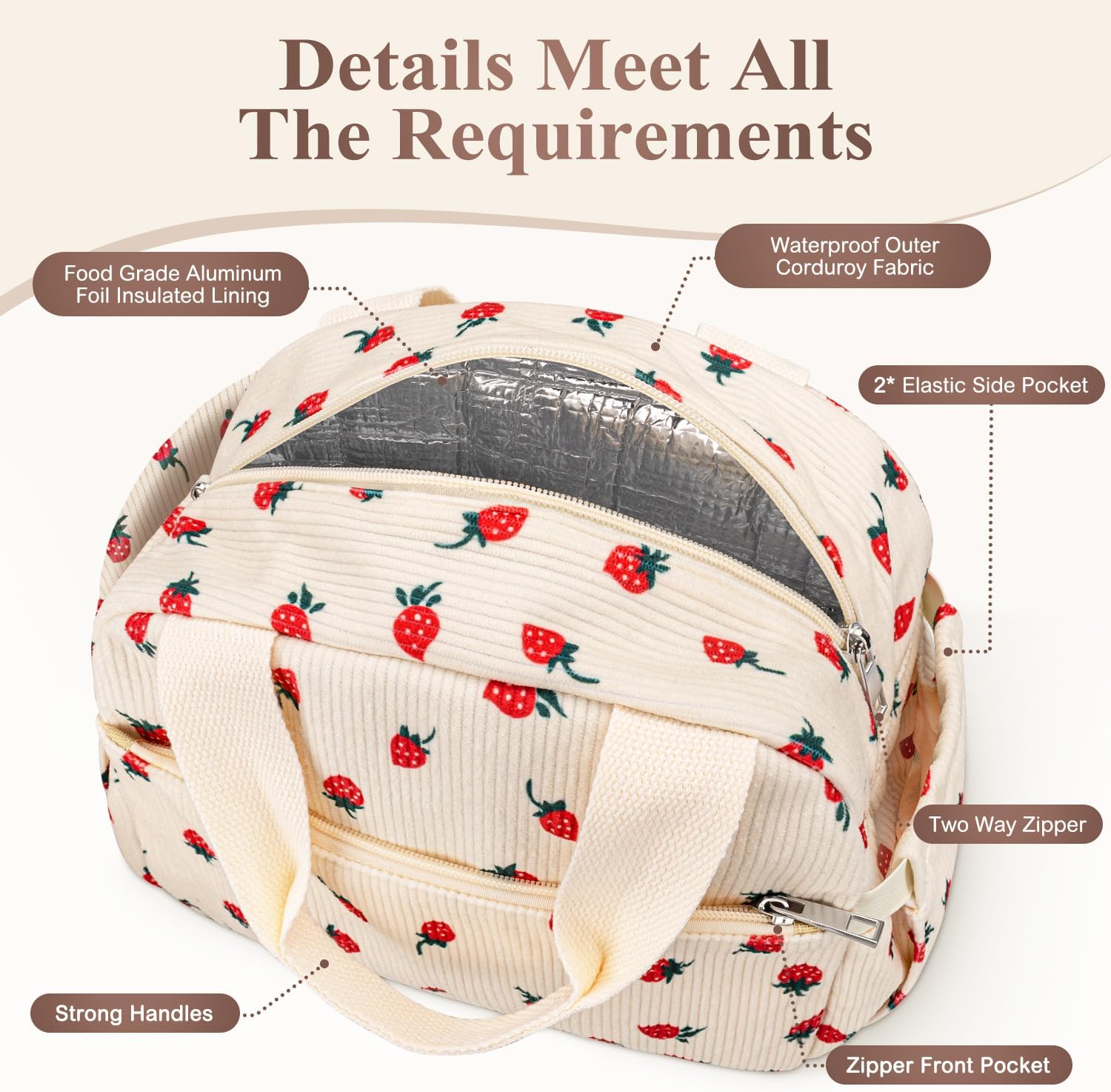 Lunch Box for Women, Cute Strawberry Corduroy Insulated Lunch Bag Women Reusable Work Leakproof Simple Adults Large Lunch Boxes Tote Bag Men Cooler Bag β image 4