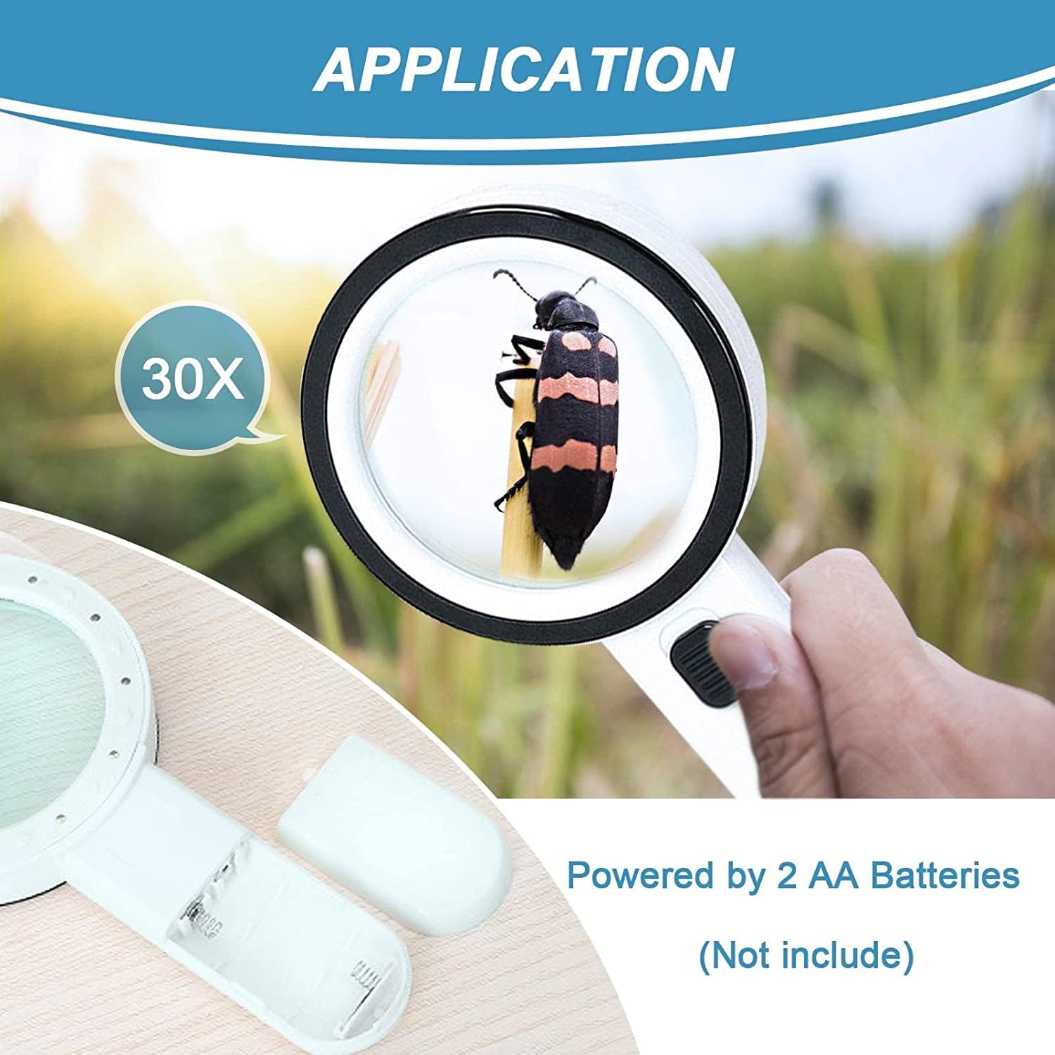 Magnifying glass with 12 LED lights - 30x double glass lens - hand-held illuminated magnifier Suitable for seniors - reading stamps, cards, researching macular — image 4