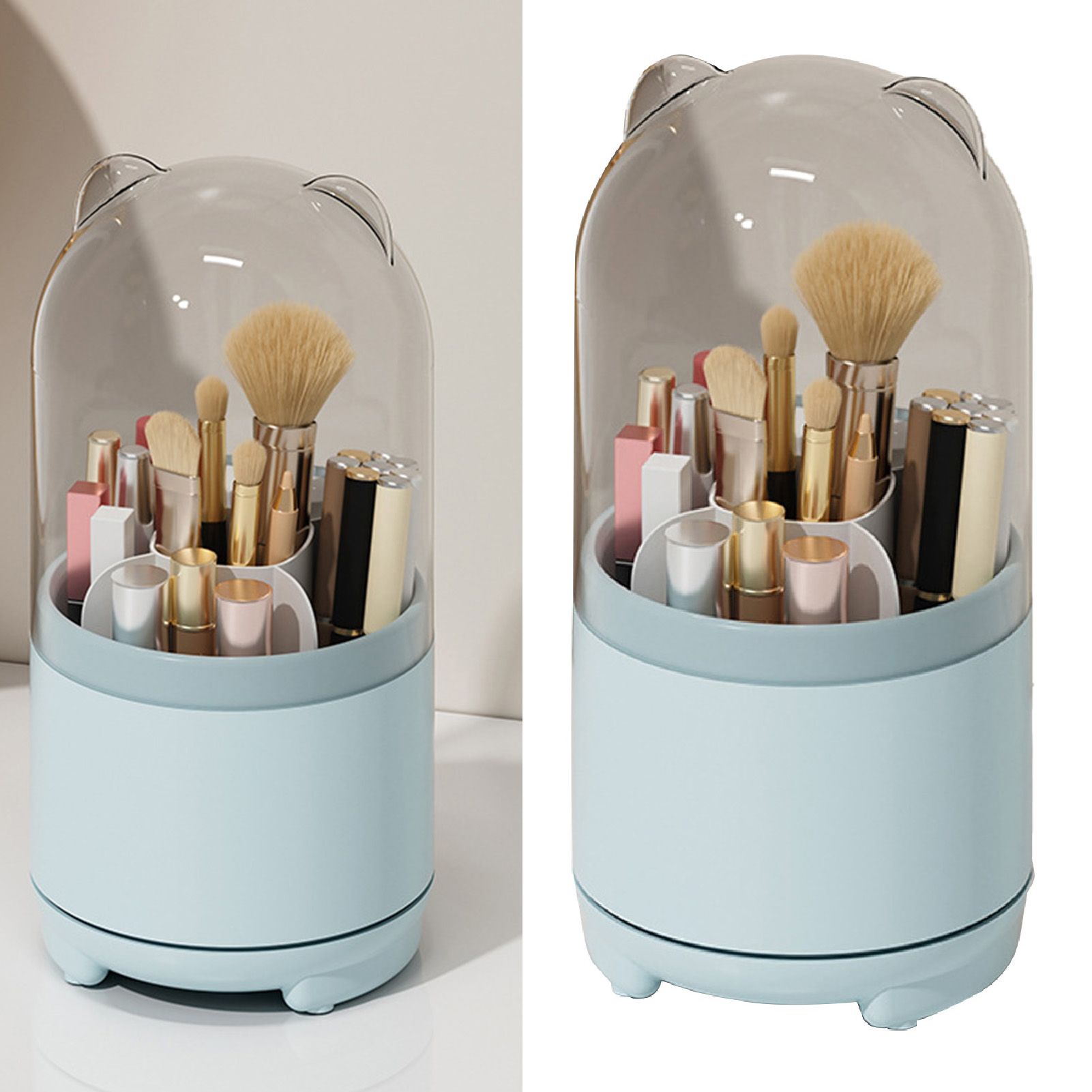 Makeup Brush Storage Container 360 Degree Rotating Dust Prevention Transparent Lid Large Capacity Makeup Brush Holder Blue — image 3