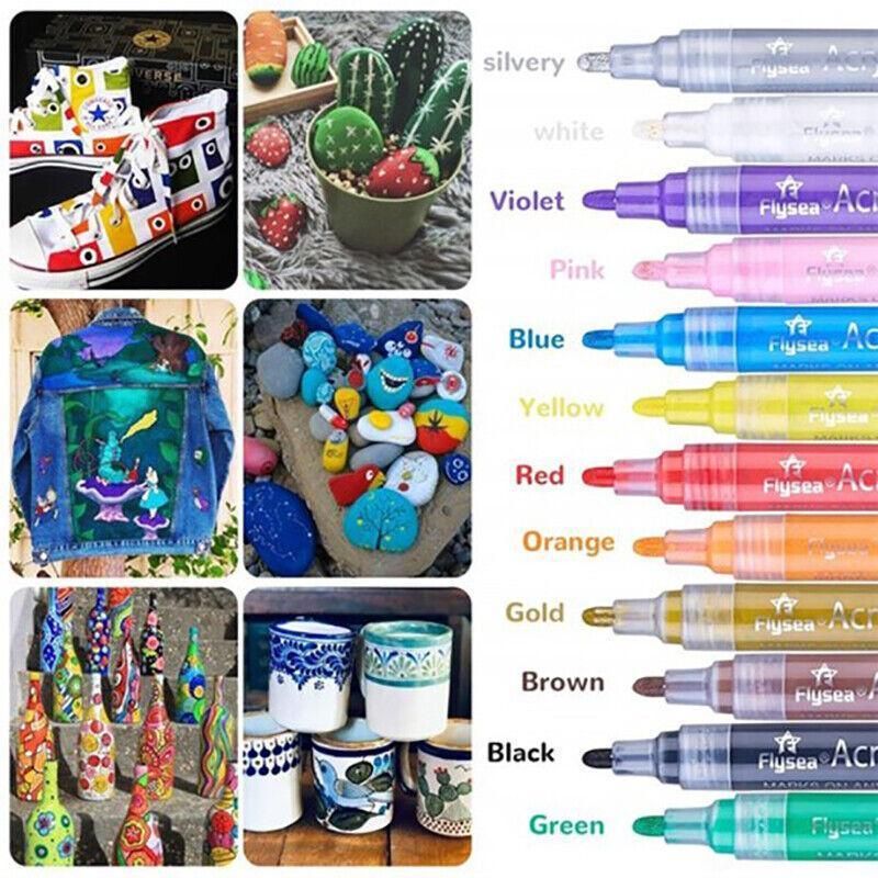 Flysea 12-80 Colours Acrylic Paint Pens Painting Stone Ceramic Glass Marker2-3Mm - 12-Colour Set — image 6