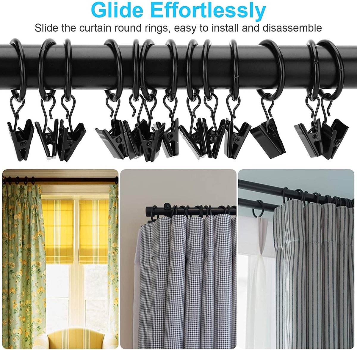 30 Pieces - Curtain Rings with Clips - Shower Curtain - Stainless Steel Curtain Rings - Metal Curtain Hooks - Curtain Rod Ring - for Shower and Window Curtains — image 3
