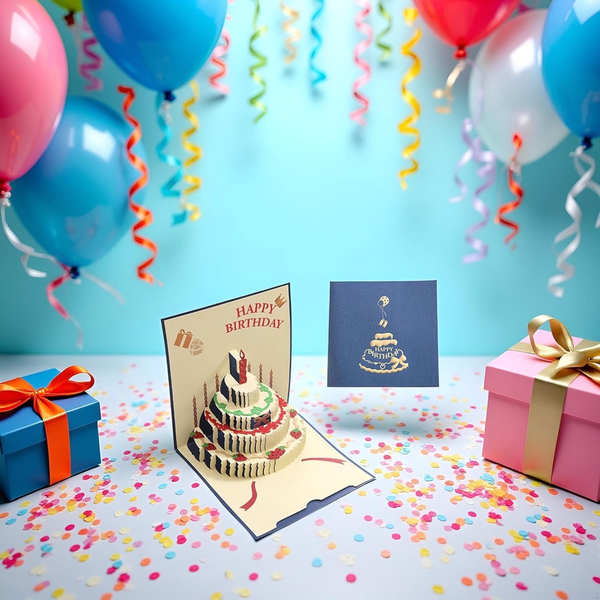 10 pcs Greeting cards - Blue pop-up birthday cake card - 3D birthday card - Pop-up cards - Cake greeting cards - Postcards - Perfect for a friend, wife — image 4