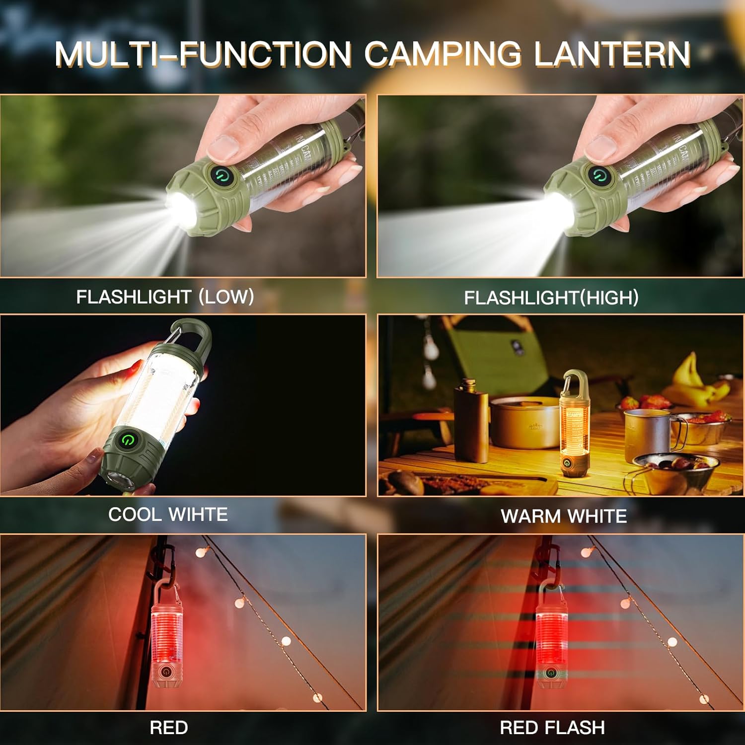 Rechargeable LED Camping Lantern Flashlight: 6 Modes, USB-C, Portable for Hiking, Emergency, Night Walking & Outdoor Adventures(green) — image 2