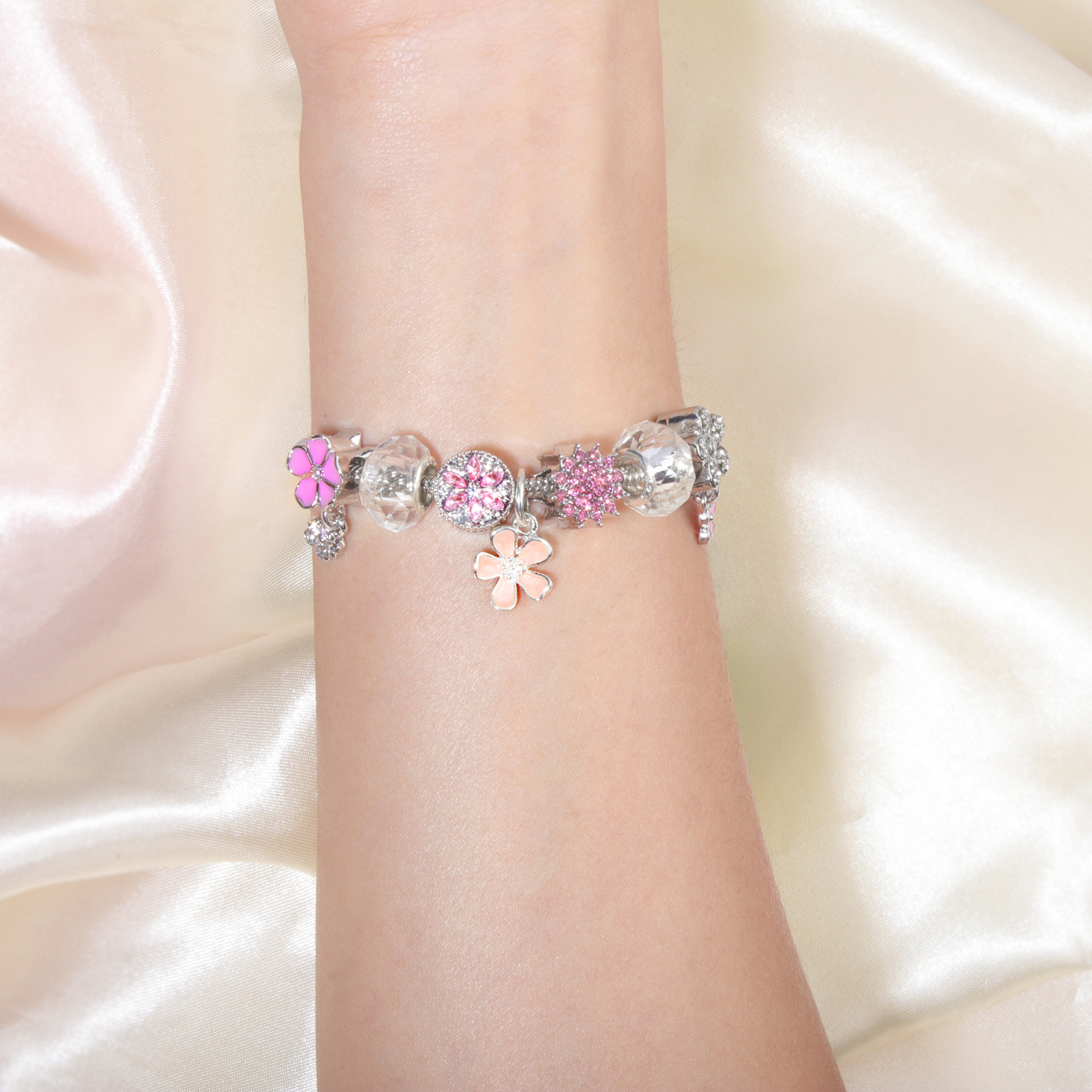 Pink Rhinestone Glass Enamel Bead Bracelet with Magnolia Pendant(20cm) โ image 2