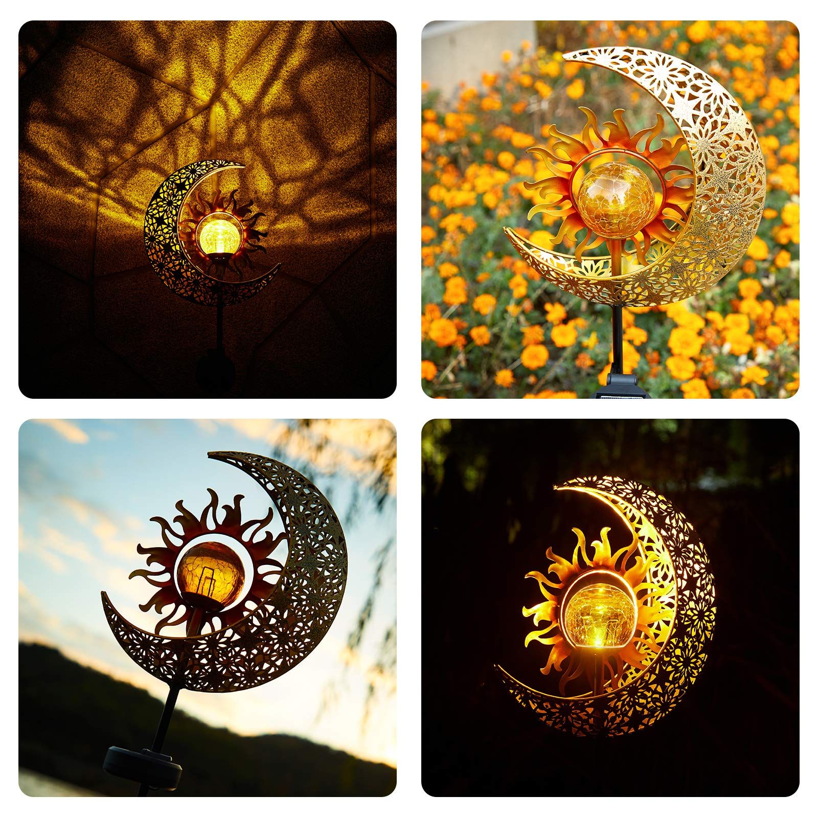 Garden Solar Lights Outdoor Decorative, Sun & Moon Crackle Glass Globe Metal Stake Light, Waterproof Warm White LED Light,(1 Pack) — image 2