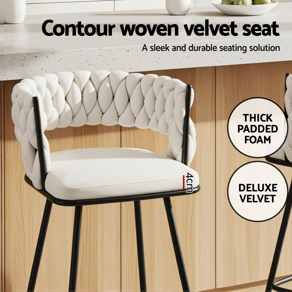 Artiss 2x Bar Stools Kitchen Dining Chair Counter Stool Woven Velvet Metal Ivory — image 5