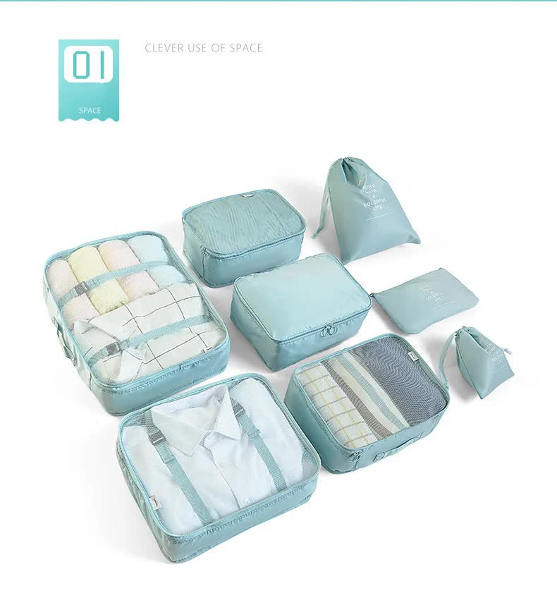 Light Blue 8-Piece Travel Organizer Set – Packing Bags for Clothes, Shoes, Underwear, and Toiletries with Drawstring and Zip Pouches — image 2