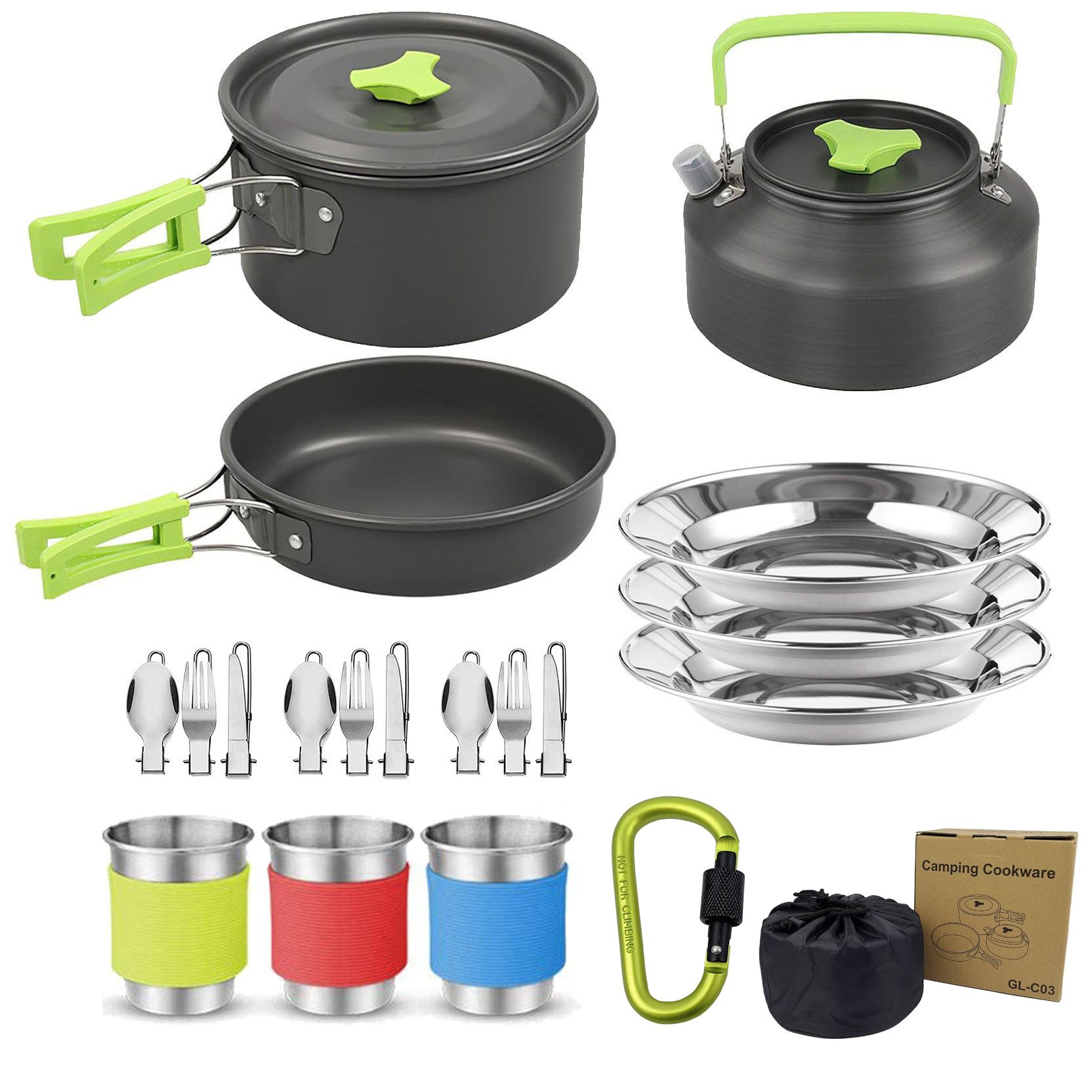 Green Camping Cookware Set for 2–3 People – Portable Outdoor Cooking Pot, Frying Pan & 1.1L Kettle Kit with Stainless Steel Plates, Cups & Cutlery, Lightweight