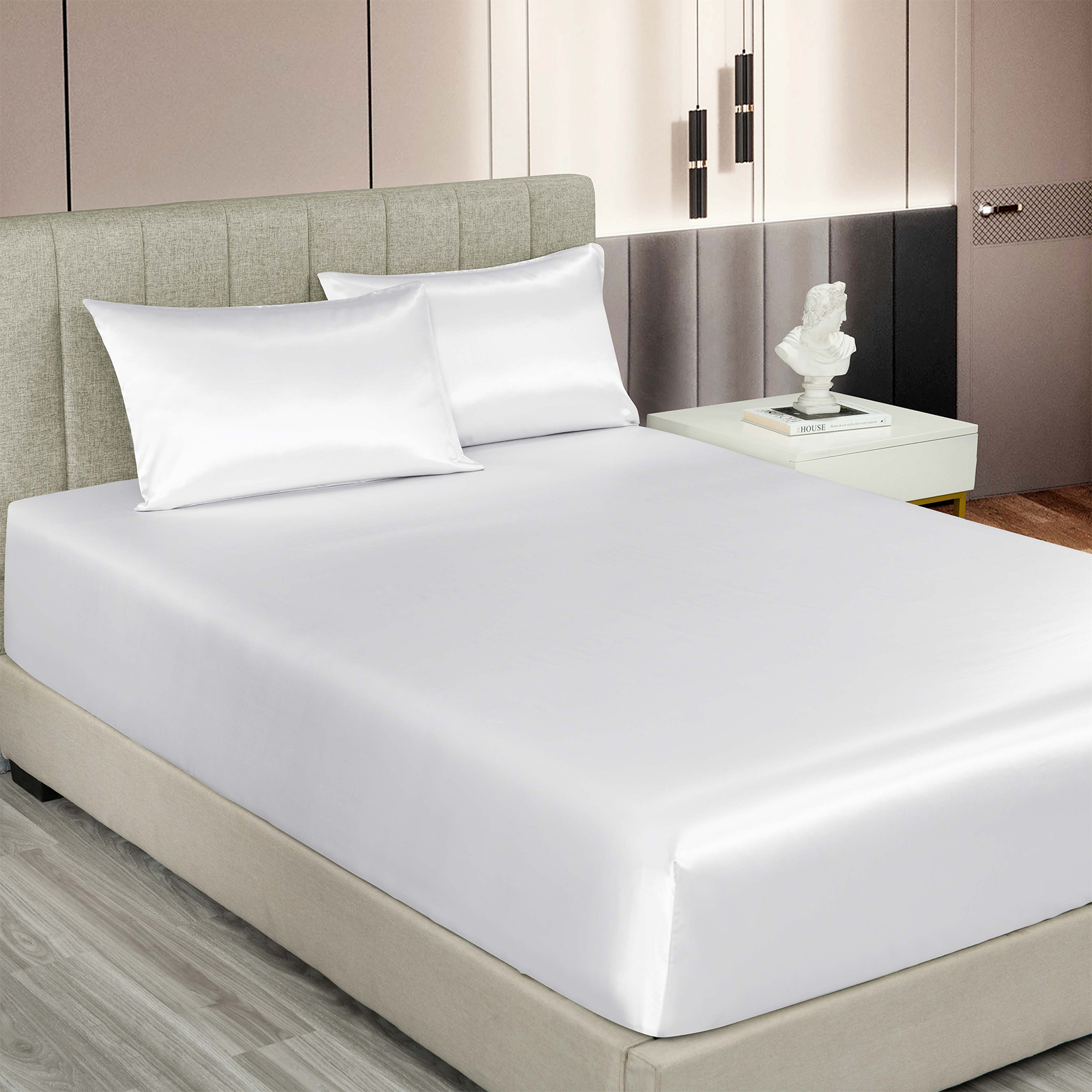 Royal Comfort Satin Sheet Set 3 Piece Fitted Sheet Pillowcase Soft - King - White — image 3