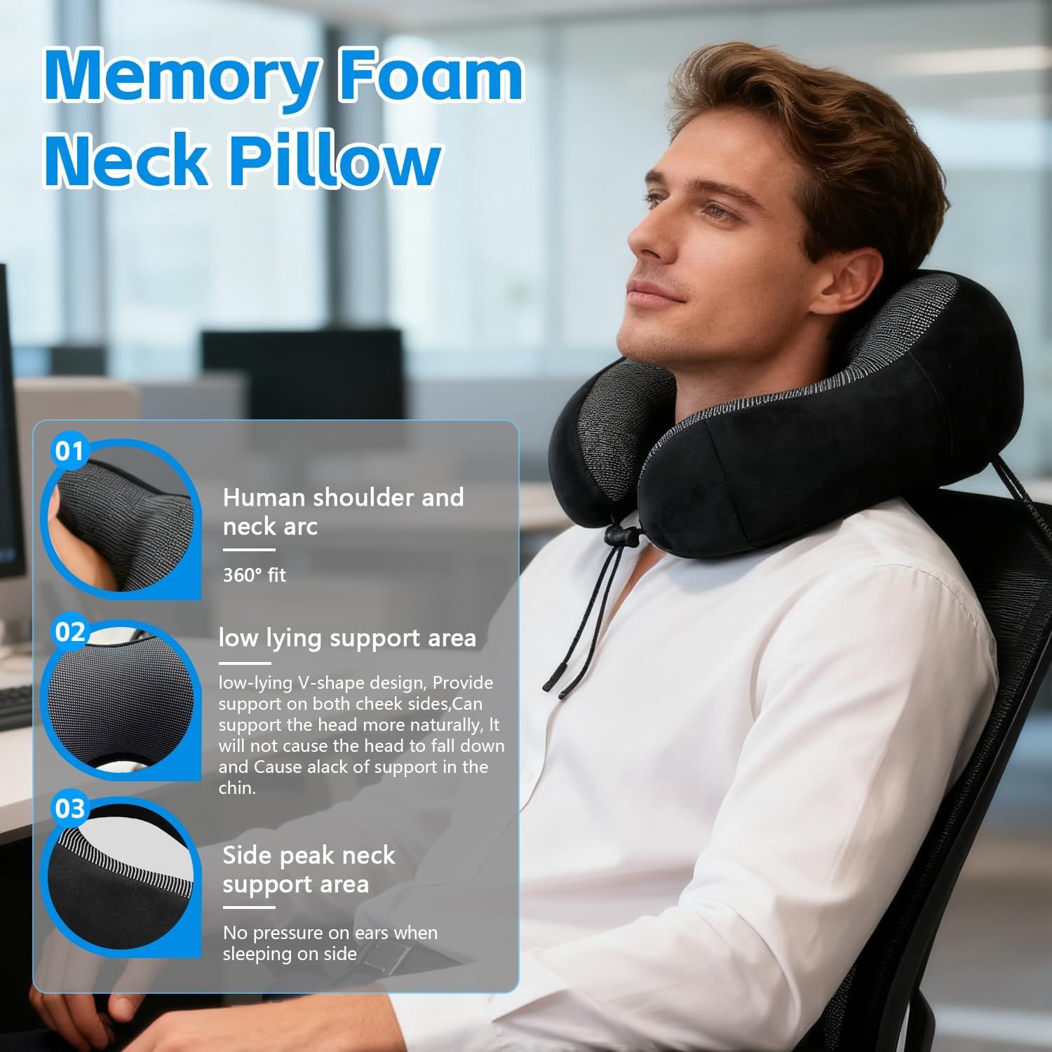 Memory Foam Travel Neck Pillow with Adjustable Buckle, Washable Cover, Eye Mask and Earplugs for Flights, Car Trips and Office Use, Black and Grey โ image 2