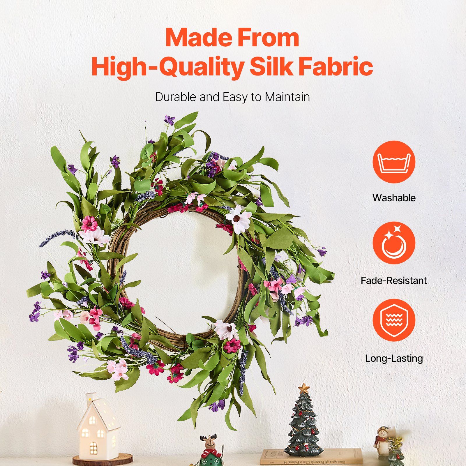 Artificial Decorative Wreath 55.88cm Pink Green Daisy Baby's Breath Floral Wreath with Buds Year Round Faux Flower Wreath for Indoor Outdoor Home Wall Window — image 3