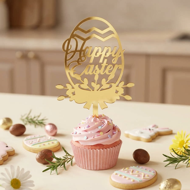 10-Piece Set of Elegant Easter Cake Toppers – Gold Acrylic "Happy Easter" Decorations with Bunny & Egg Designs, Perfect for Party Cakes and Festive Table — image 2