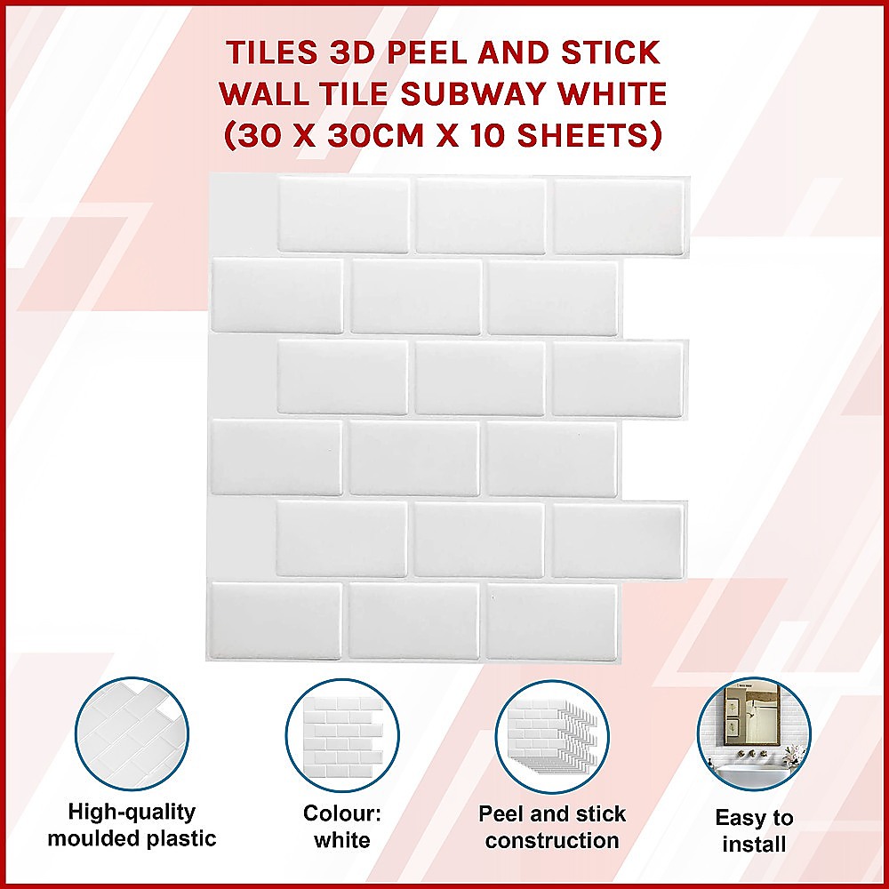 Tiles 3D Peel and Stick Wall Tile Subway White (30 x 30cm x 10 sheets) โ image 3