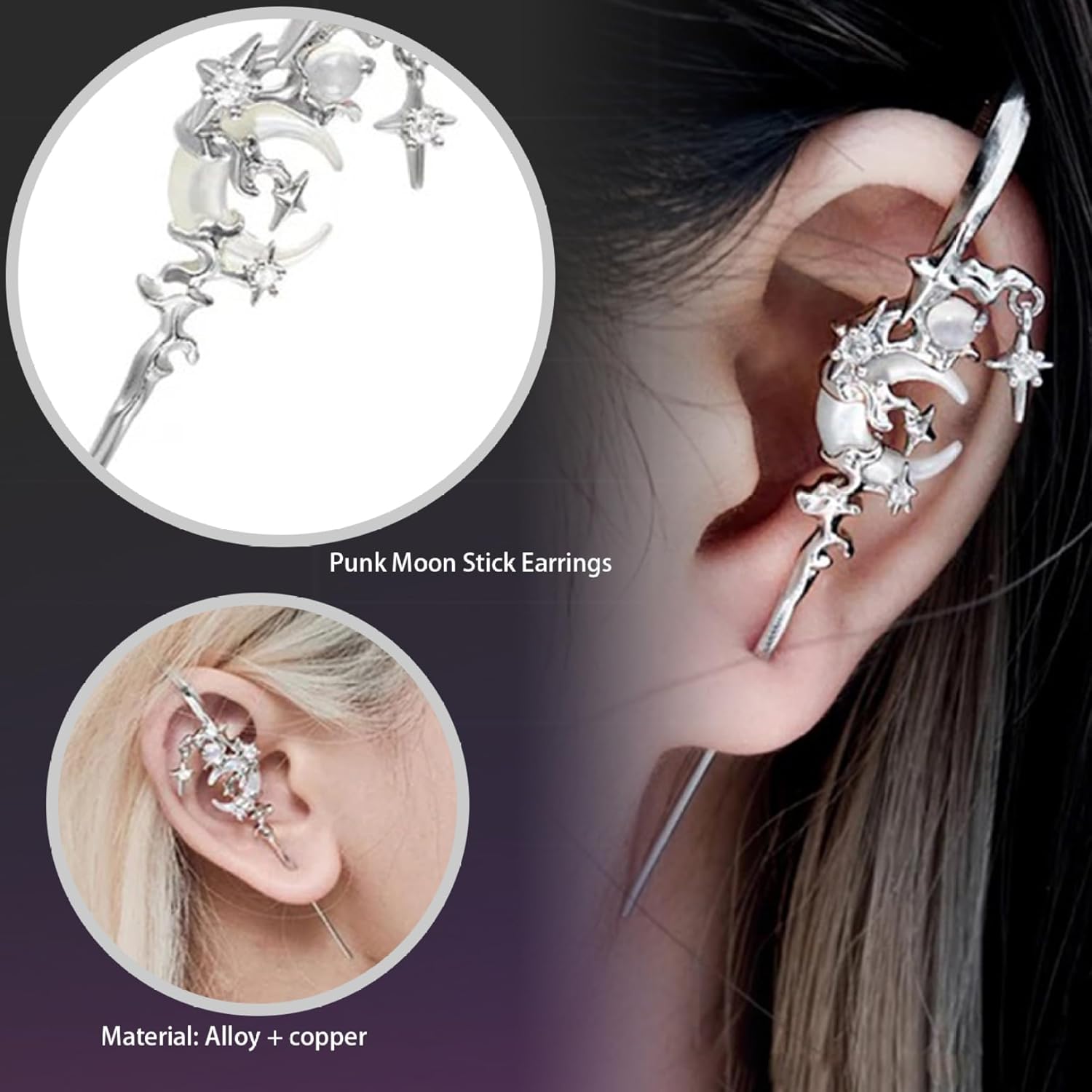 Moon and Star Hook Earrings, 2PCS 3.2 Inch Metal Gothic Moon Earrings, Fashion Rhinestone Crawler Star and Moon Ear Hook Needle Piercing Earrin, Reusable Hook โ image 2