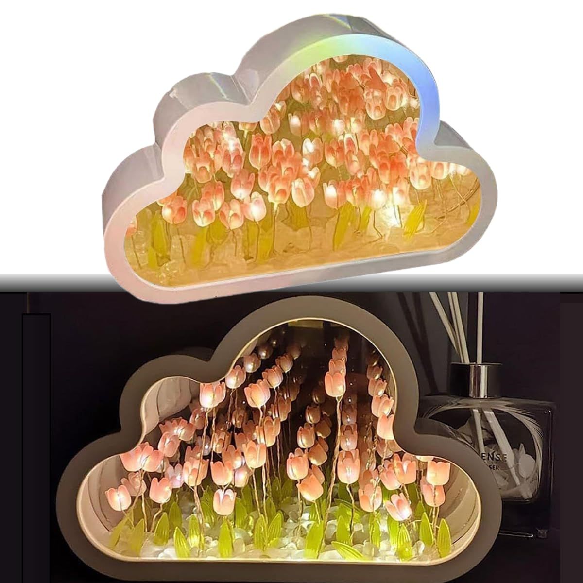 Celestial Petal Mirror, Cloud Tulip Lamp Mirror, Tulip Flower Cloud Mirror, DIY Cloud Tulip Mirror Night Light with 20 Flowers. (Pink) — image 2