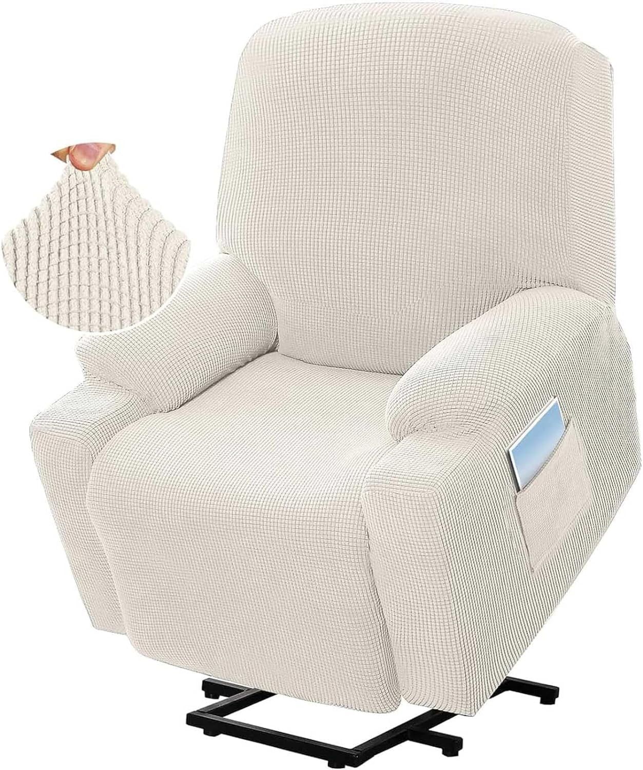 Power Lift Recliner Chair Cover, Stretch Jacquard Fitted Slipcover with Side Pocket, Cream