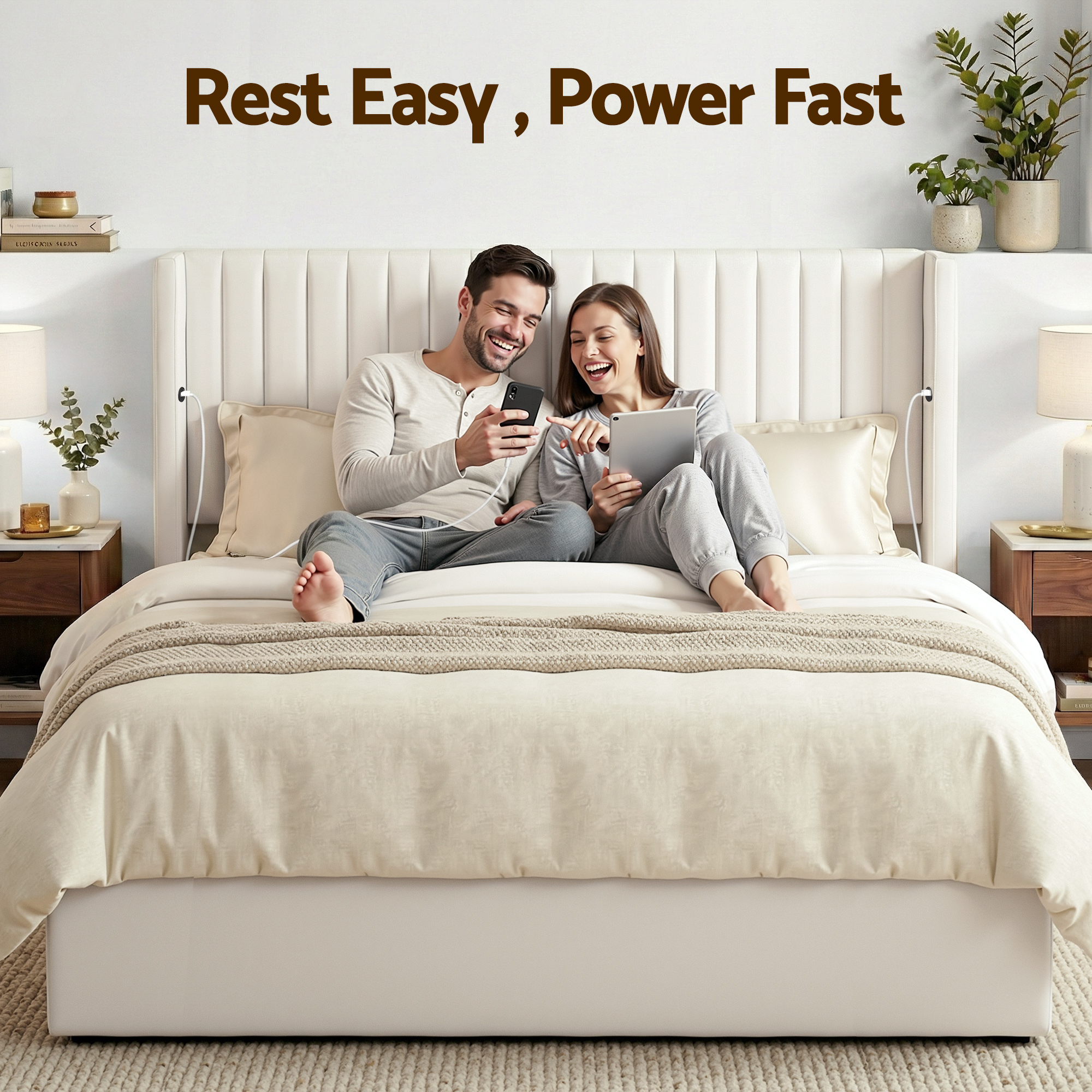 Artiss King Bed Frame with Gaslift Storage USB Type-C Charging Ports Velvet Upholstery White — image 6