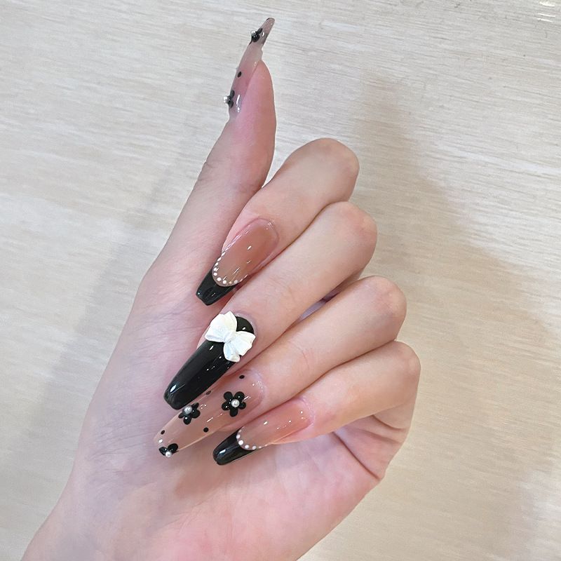 Cute Long Coffin Press on Nails Black Glossy Fake Nails Design Flower Bow French False Nails Tips Full Cover Halloween 24Pcs — image 3