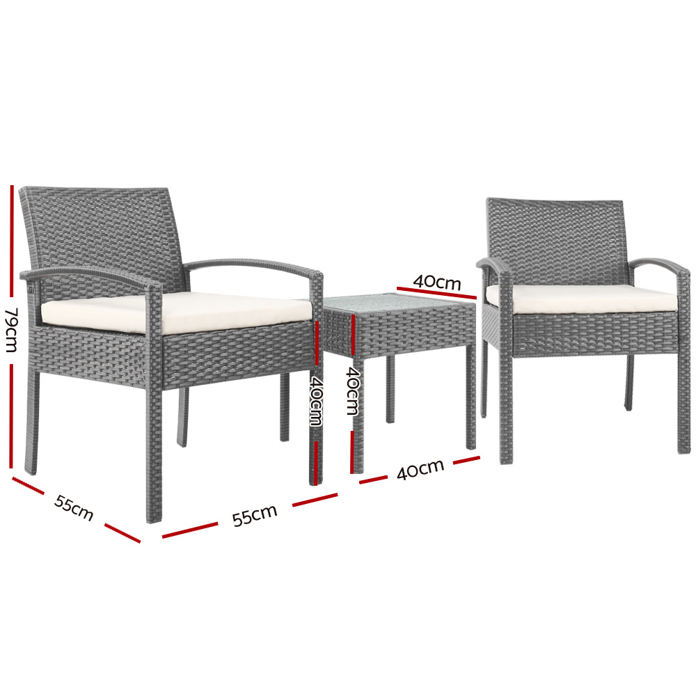 Gardeon 3PC Patio Furniture Bistro Set Wicker Outdoor Lounge Setting Grey — image 2
