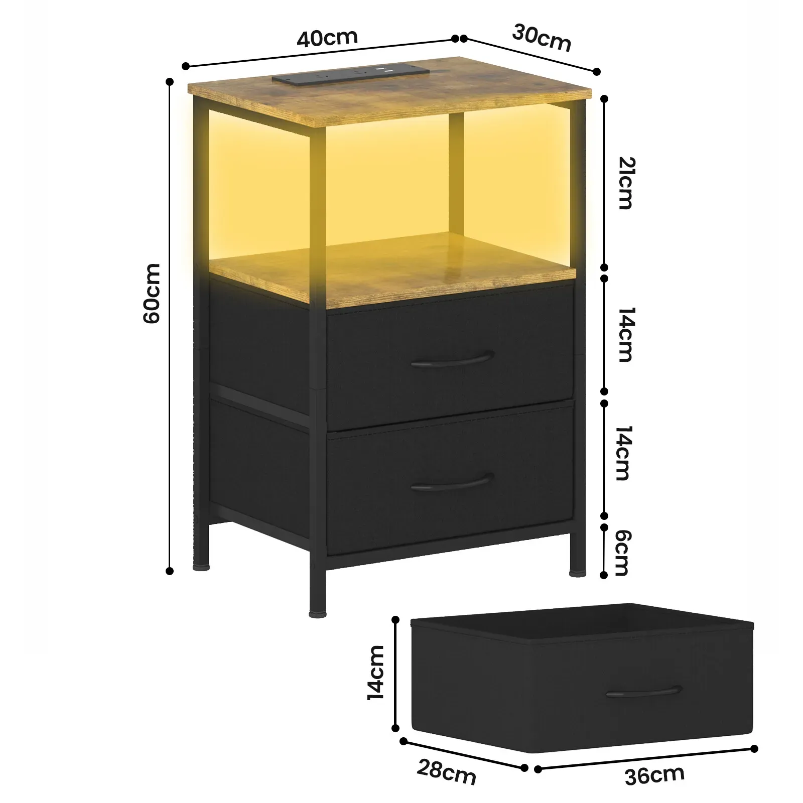 Black and Brown Nightstand with LED Light, Charging Station, and Storage - 60x40cm โ image 5