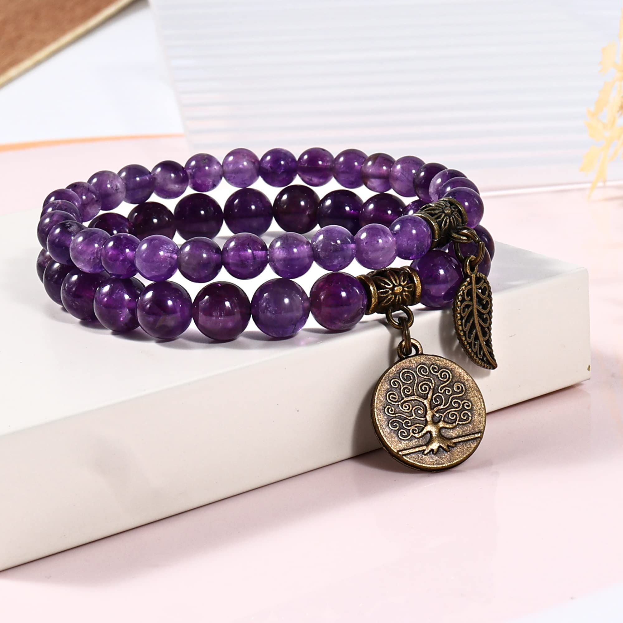 Ladies' Stone Bead Bracelet - Life Tree and Leaf Charm Energy Elastic Bracelet Purple Bracelet Hand String Jewelry โ image 5