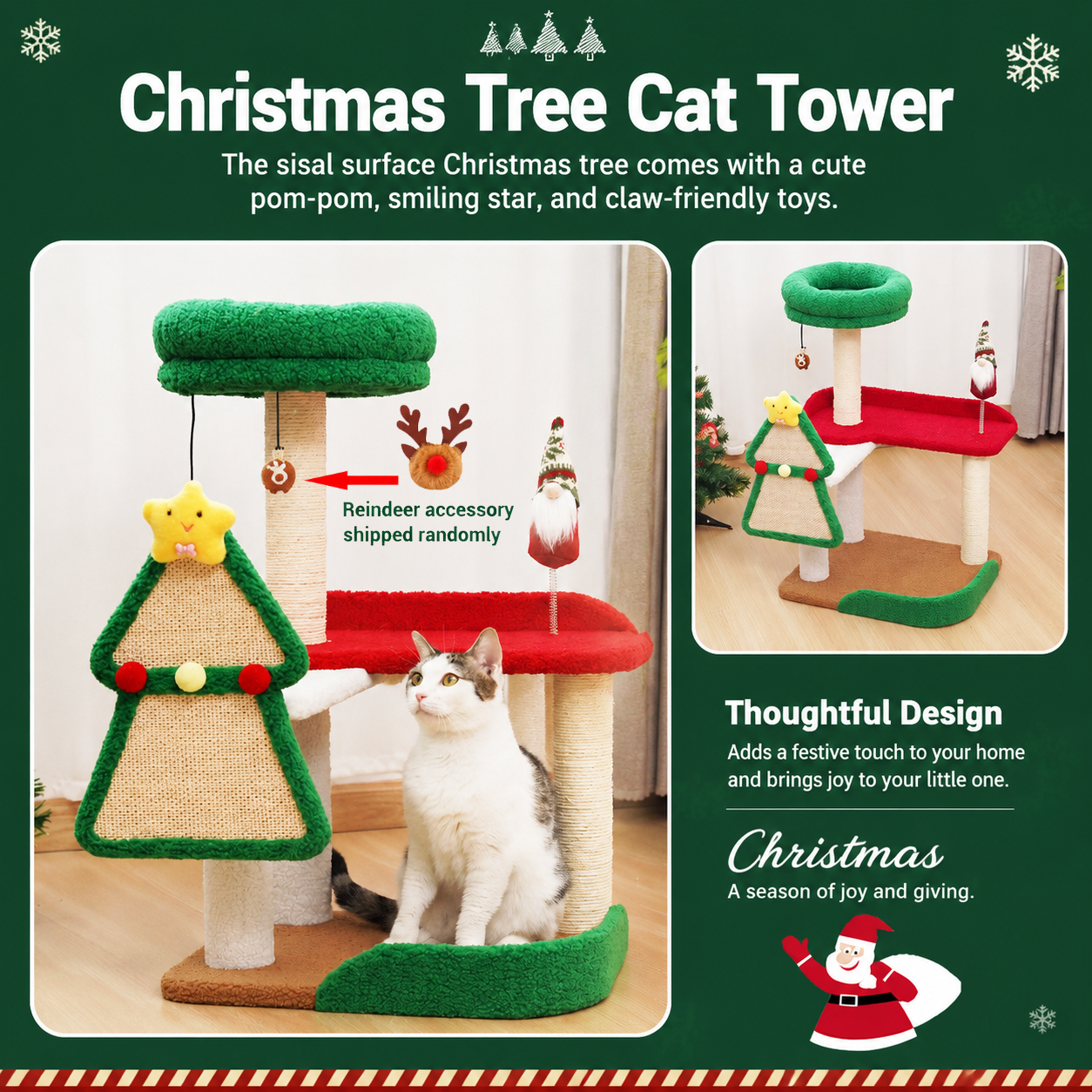 Festive Christmas Cat Tree with Multi-Level Scratching Posts, Cozy Top Perch, and Dangling Toys – A Holiday-Themed Play Center That Brings Seasonal — image 3