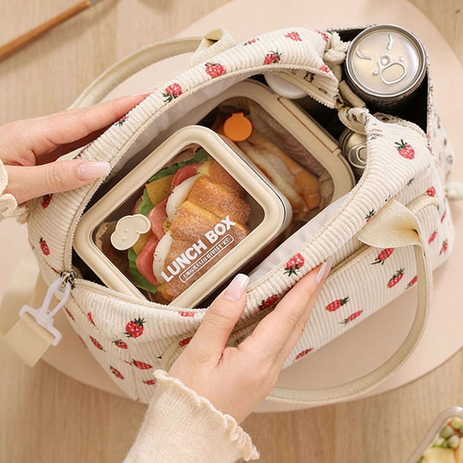 Strawberry Print Soft Corduroy Insulated Lunch Bag for Women and Students - Large Capacity Thermal Lunch Tote with Shoulder Strap, Front Zip Pocket and Side โ image 2