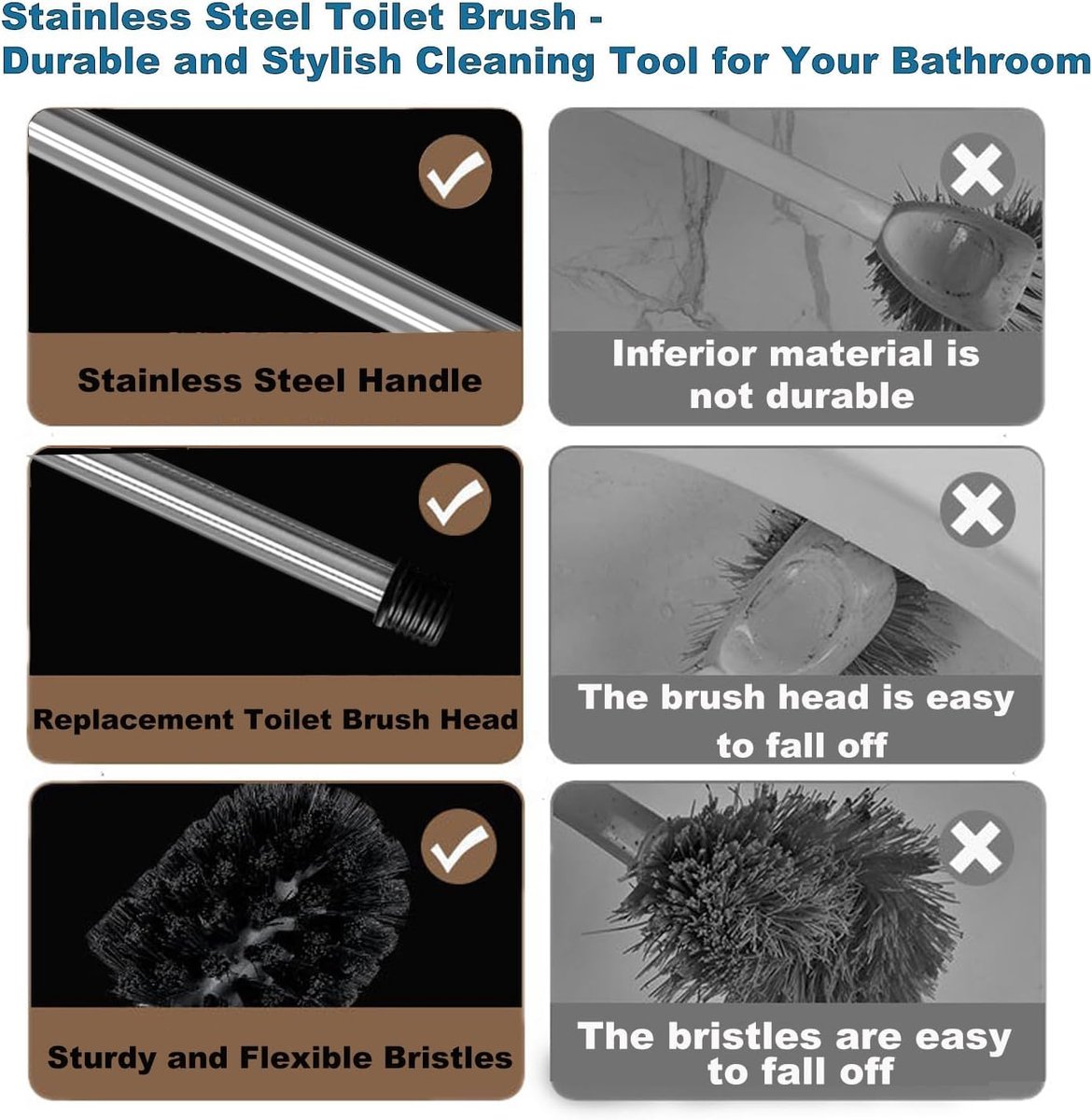 2 pieces - Toilet brush - Stainless steel toilet brush - With screw head - WC brush - Toilet brush - With handle - Stainless steel handle - Universal — image 3