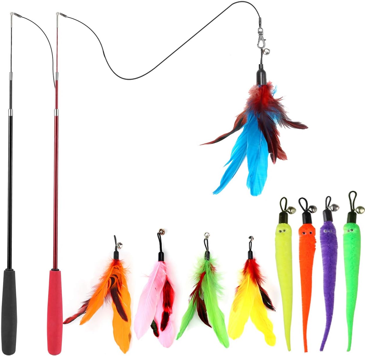 Huidcom Cat Feather Toy Retractable Cat Toys Wand with 2 Wands & 9 Assorted Teaser Refills Interactive Feather Teaser Wand Toy with Bell for Kitten Or Cat