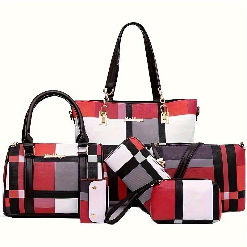 Women'S Bag Set Six Piece Bag Set Checkered Bag Large Capacity Bag Korean Style - Brown - Size 30-27-13 — image 2