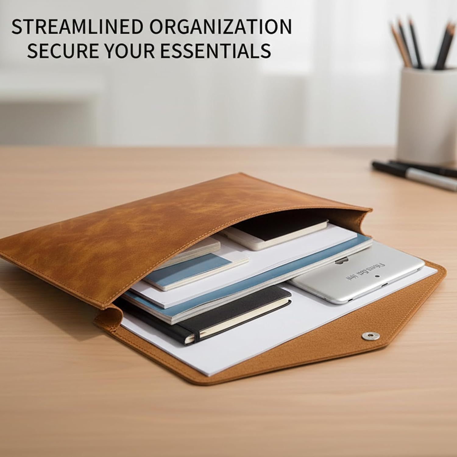 A4 PU Leather Envelope Documents File Portfolio Large Capacity Folders Travel Bag for Paper Letter Stationery Organizer and Tablet Case PC Sleeve (light brown） — image 3