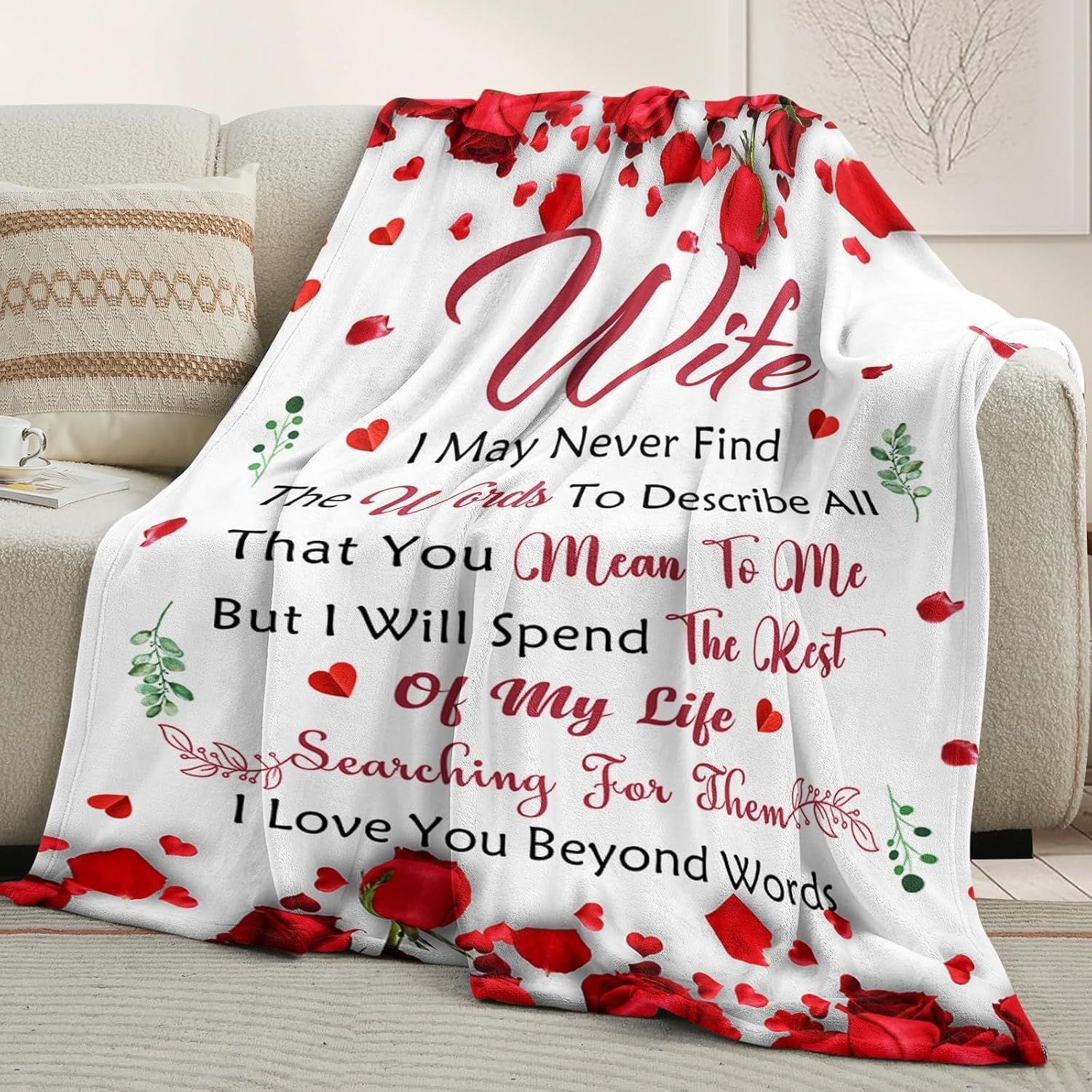 Romantic Rose Print Fleece Blanket for Wife, Soft Cozy Throw for Valentine’s Day Anniversary Christmas Gift, Warm Snuggle Blanket with Love Message (60”*80”) — image 4