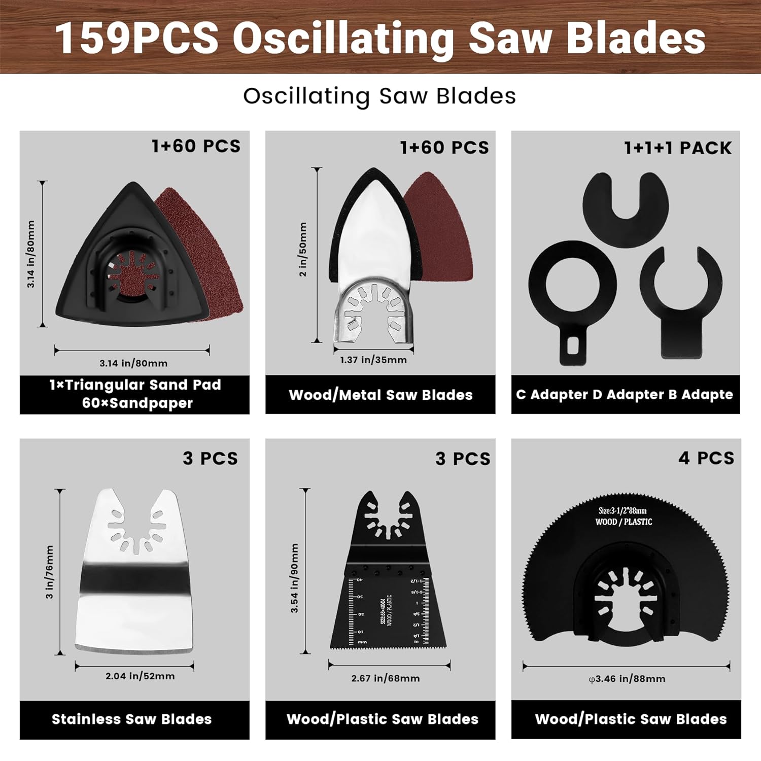 159 PCS Oscillating Saw Blades with Sandpaper, Universal Titanium Multitool Blades for Wood/Plastics/Metal, Quick Release Multi Tool Kits Compatible — image 3