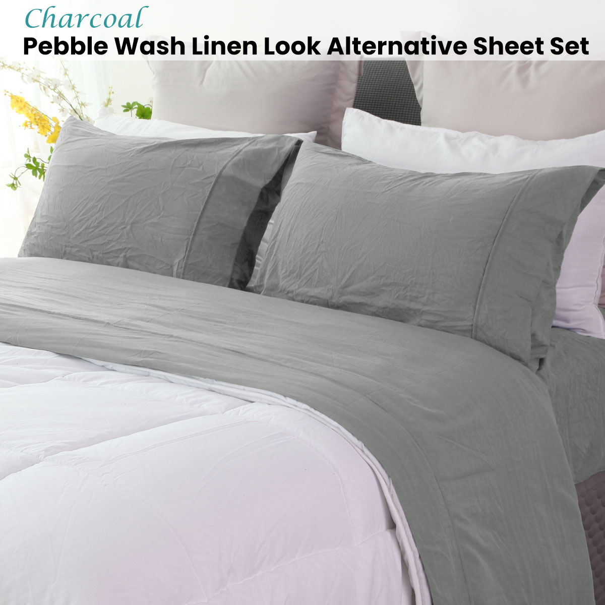 Ramesses Charcoal Pebble Wash Linen Look Alternative Sheet Set Single โ image 2
