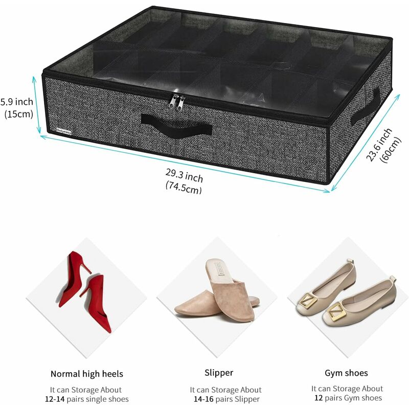 2 Pack Shoe Storage Bag With Clear Window - 12 Compartment Shoe Organizer For Under Bed Storage, Black Linen Fabric — image 2