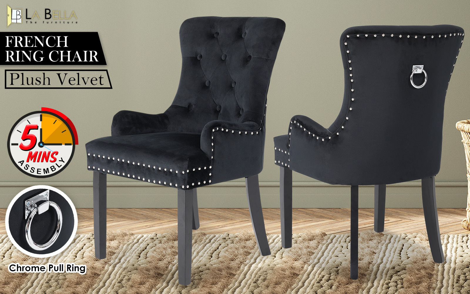 French Provincial Dining Chair Ring Studded Velvet Rubberwood Leg LISSE BLACK โ image 2