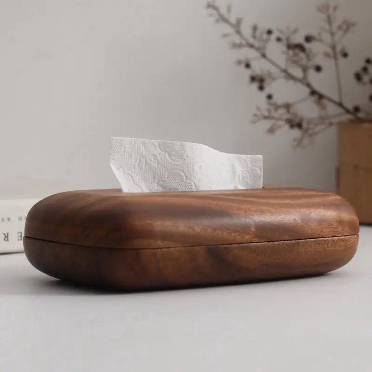 Tissue Box Cover With Walnut Wood Lid, Magnetic Easy Refill, Durable Plastic Base, For Bathroom Office Desk Nightstand, Brown โ image 2