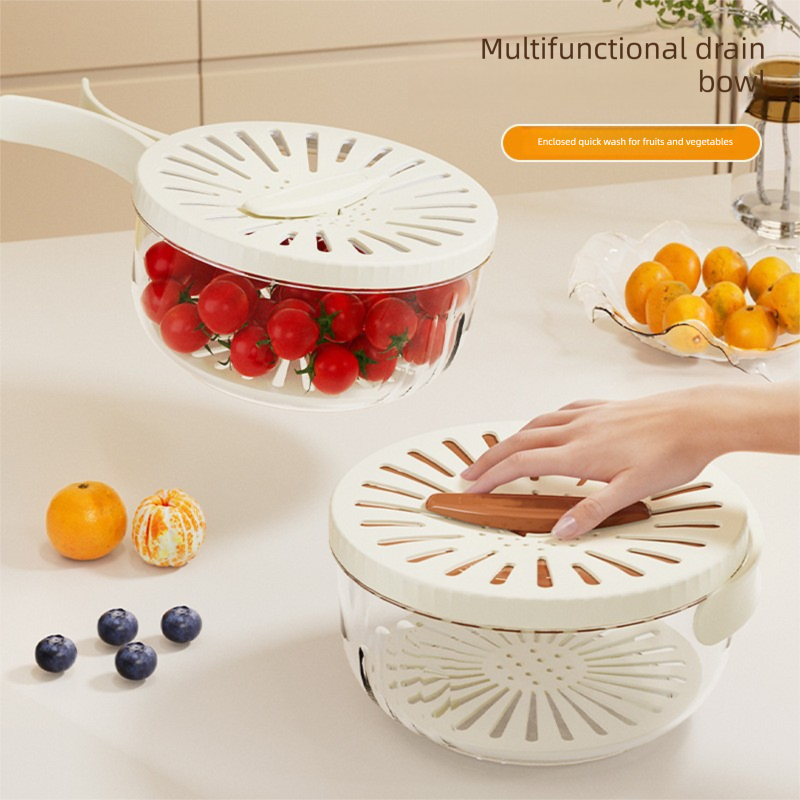 Brown large Multi-functional Fruit and Vegetable Washing Bowl with Lid and Hidden Handle Double-Layer Drainage Container for Refrigerator Storage and — image 2