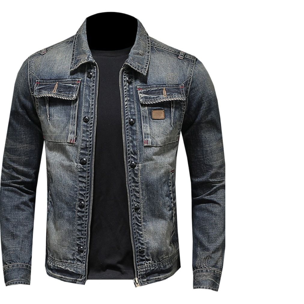 Men Denim Jacket Vintage Wash Cotton Long Sleeve Blue XL Size: XL; Height (cm): 175-180; Weight (kg): 75-85; Bust (cm): 108; Shoulder width (cm): 46; Length โ image 2