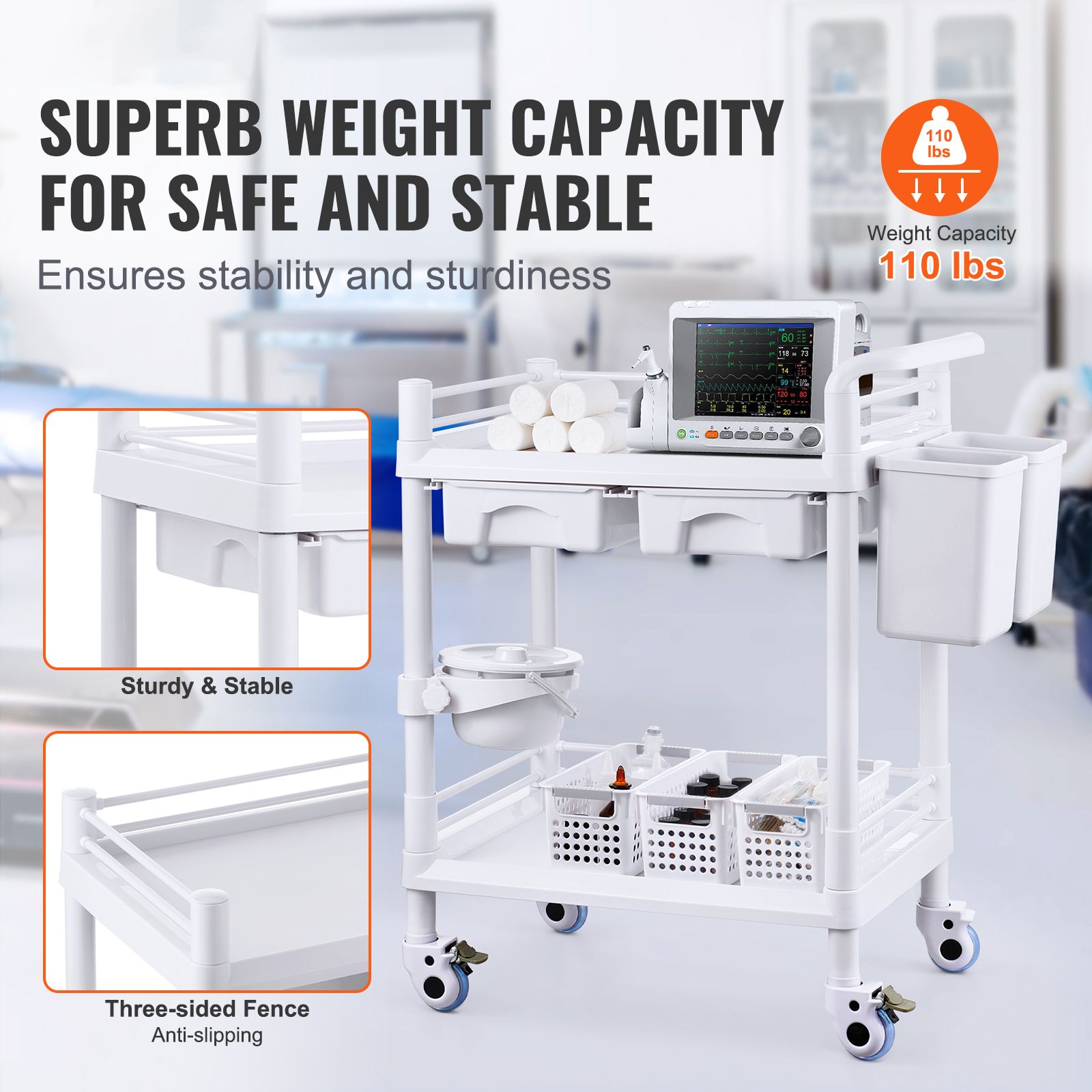 2 Tiers Lab Carts, Lab Utility Cart with 2 Trays, 2 Drawers & 4 Silent Wheels, Mobile Medical Cart with PP Material, Lab Rolling Cart with 3 Trash Cans for — image 2