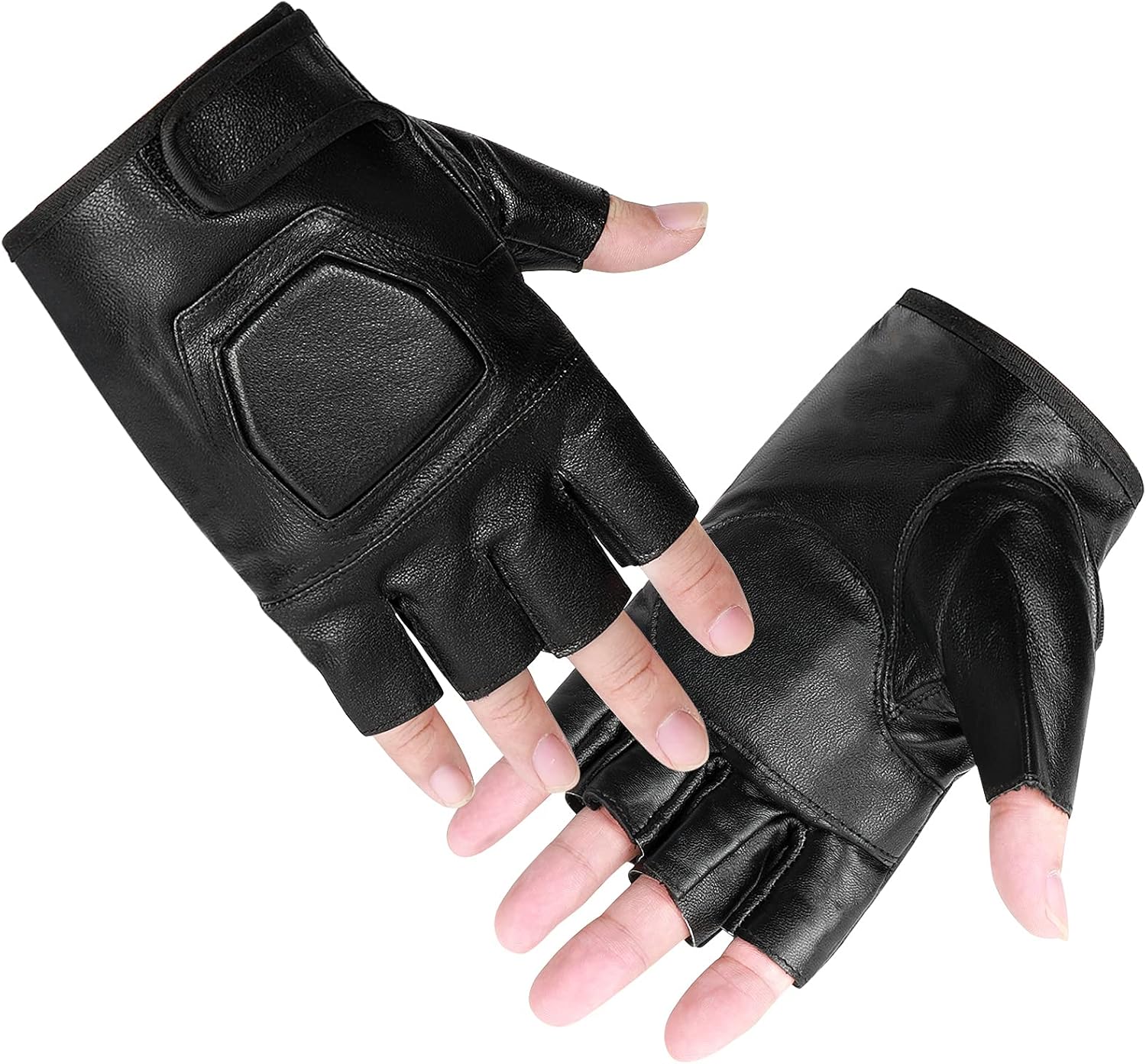 Genuine Leather Cycling Fingerless Gloves, Outdoor Driving Motorcycle Sport Half Finger Glove for Men Women Teens โ image 3