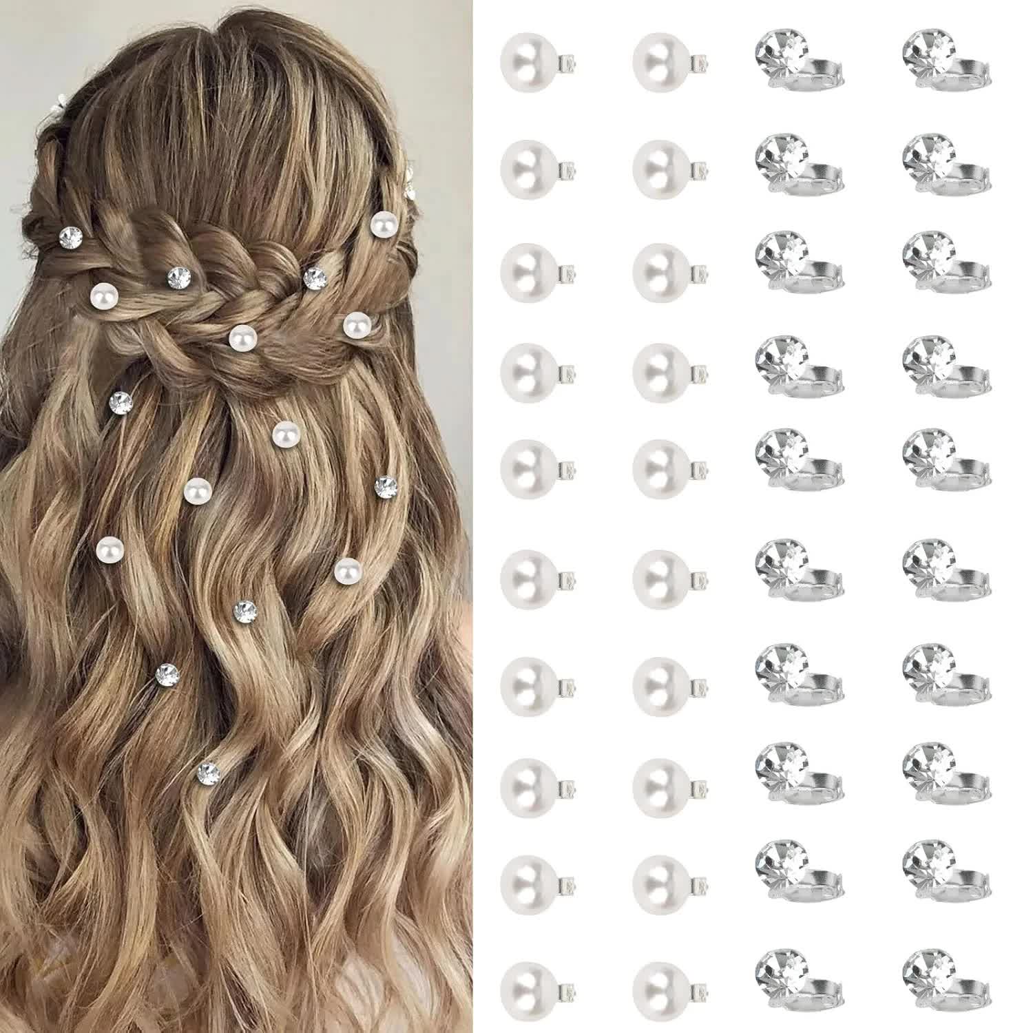 40 Pcs Mini Rhinestone Hair Clips Tiny Pearl Hair Clips Decorative Hair Clips Sparkly Crystal Hair Pins Silver White Hair Clips Wedding Bridal Hair Accessories