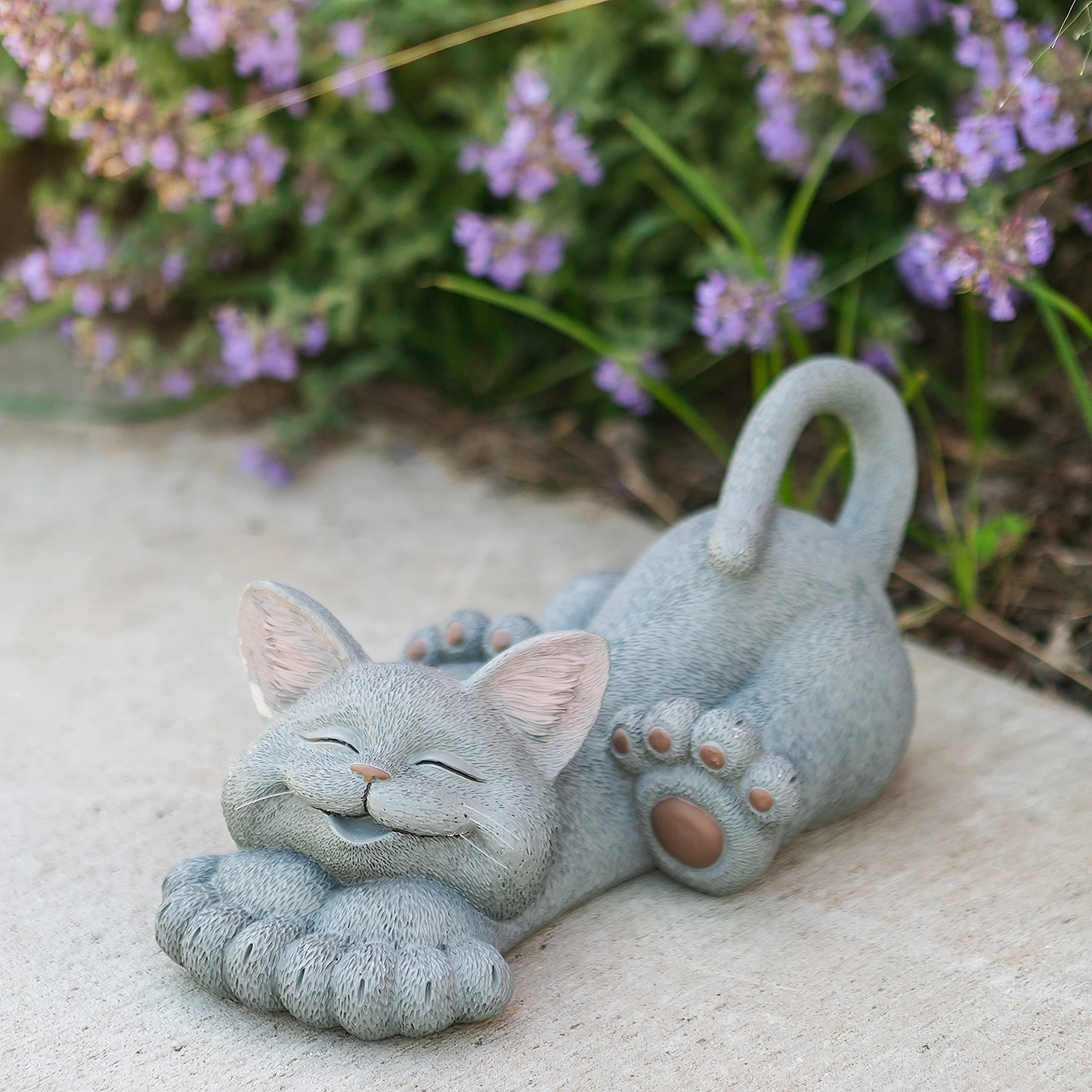 Large Whimsical Grey Cat Lounging Garden Statue Outdoor Indoor Decoration - Happy Cat Collection - Cat Lover Gifts for Women — image 2