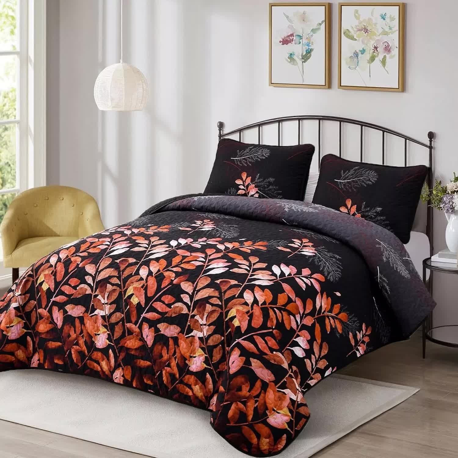 Black and Red Leaves Quilted Bedspread & Pillowcase Set โ image 5