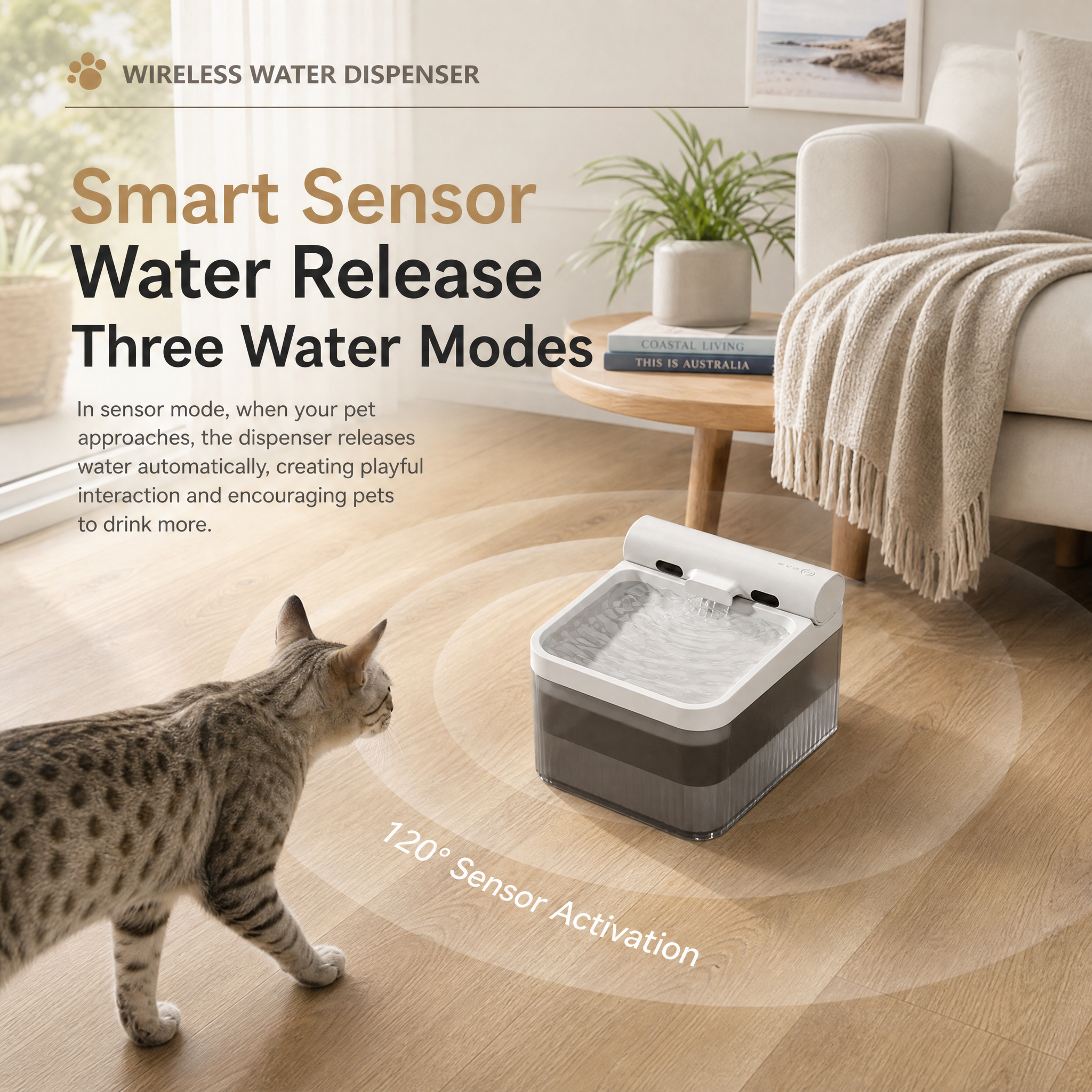 Cream White Cat Water Fountain 3L,6 Filters Included, Cordless Pet Water Dispenser for Cats & Small Dogs,Wireless Pet Fountain, Smart Sensor, 3 Modes, Quiet — image 6