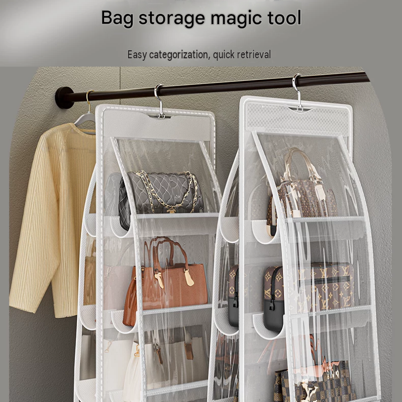 Grey Home Organisation Set - 6 Pocket Handbag Hanging Organiser and 16 Slot Yoga Clothes Storage Bag - Double Sided Transparent Wardrobe Closet — image 2