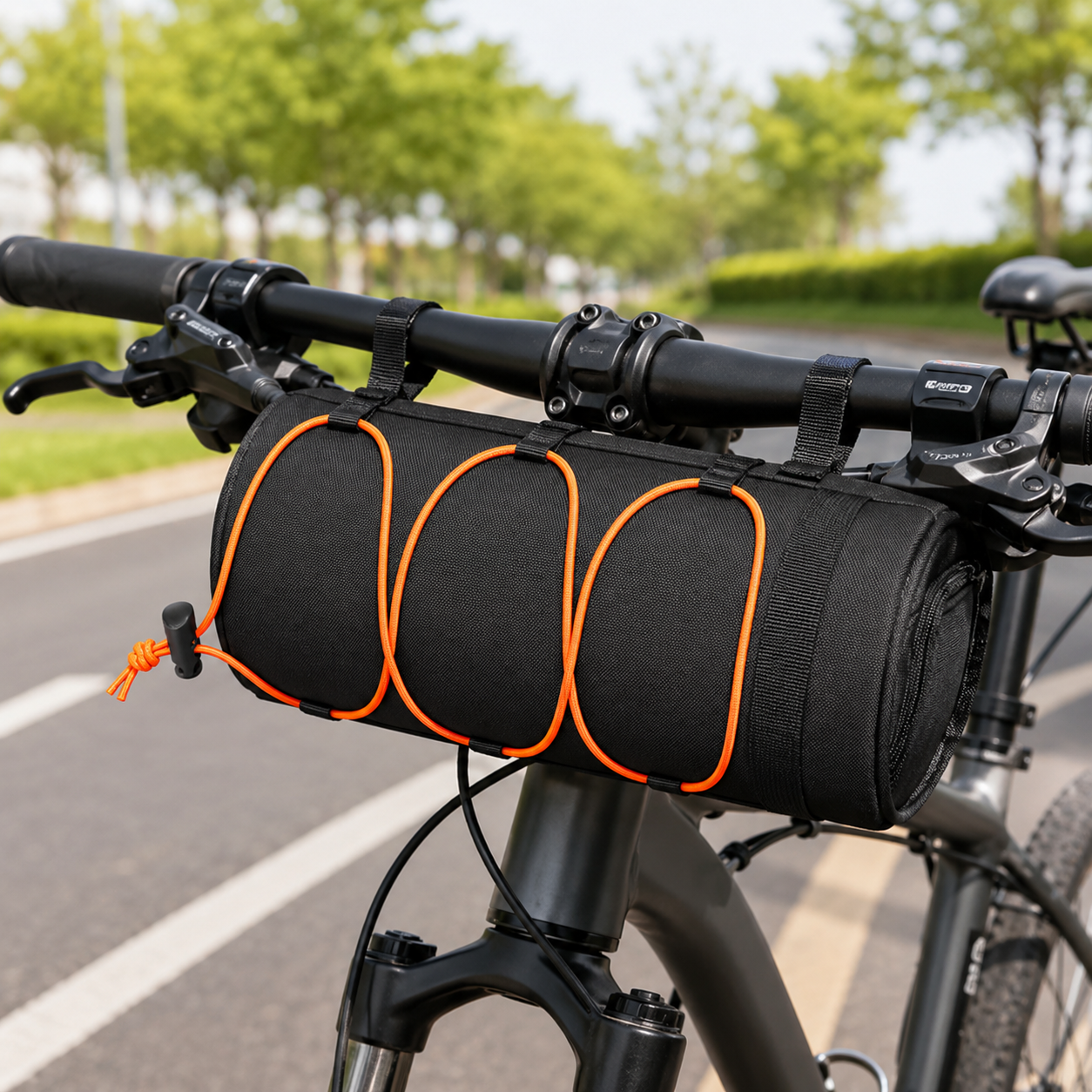 Black Bicycle Handlebar Bag with Fluorescent Orange Elastic Cord Waterproof Front Frame Storage Bag Large Capacity Cycling Pouch for Mountain Road โ image 2